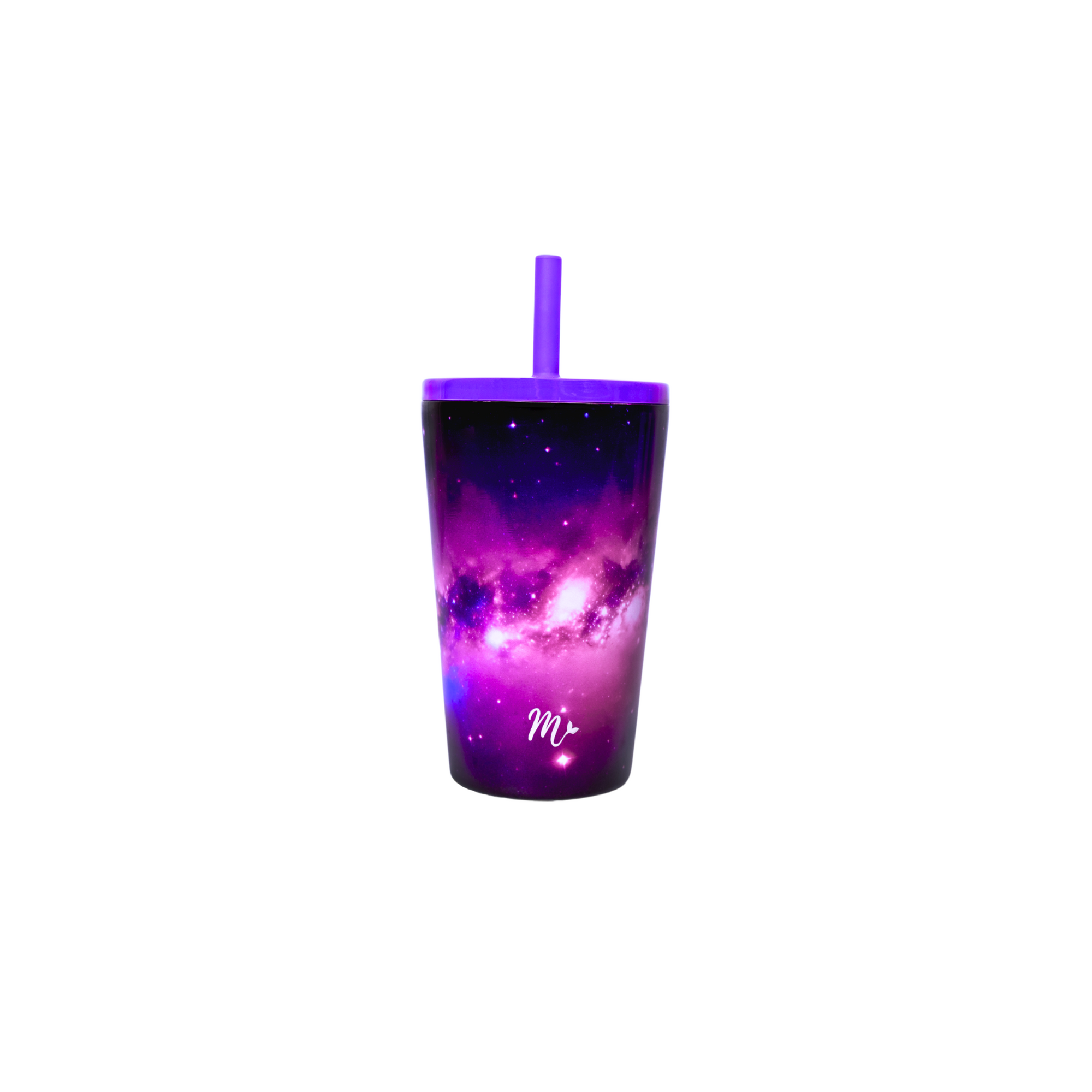 14 oz stainless steel cup with a galaxy design in purple tones and a purple straw, against a plain white background.