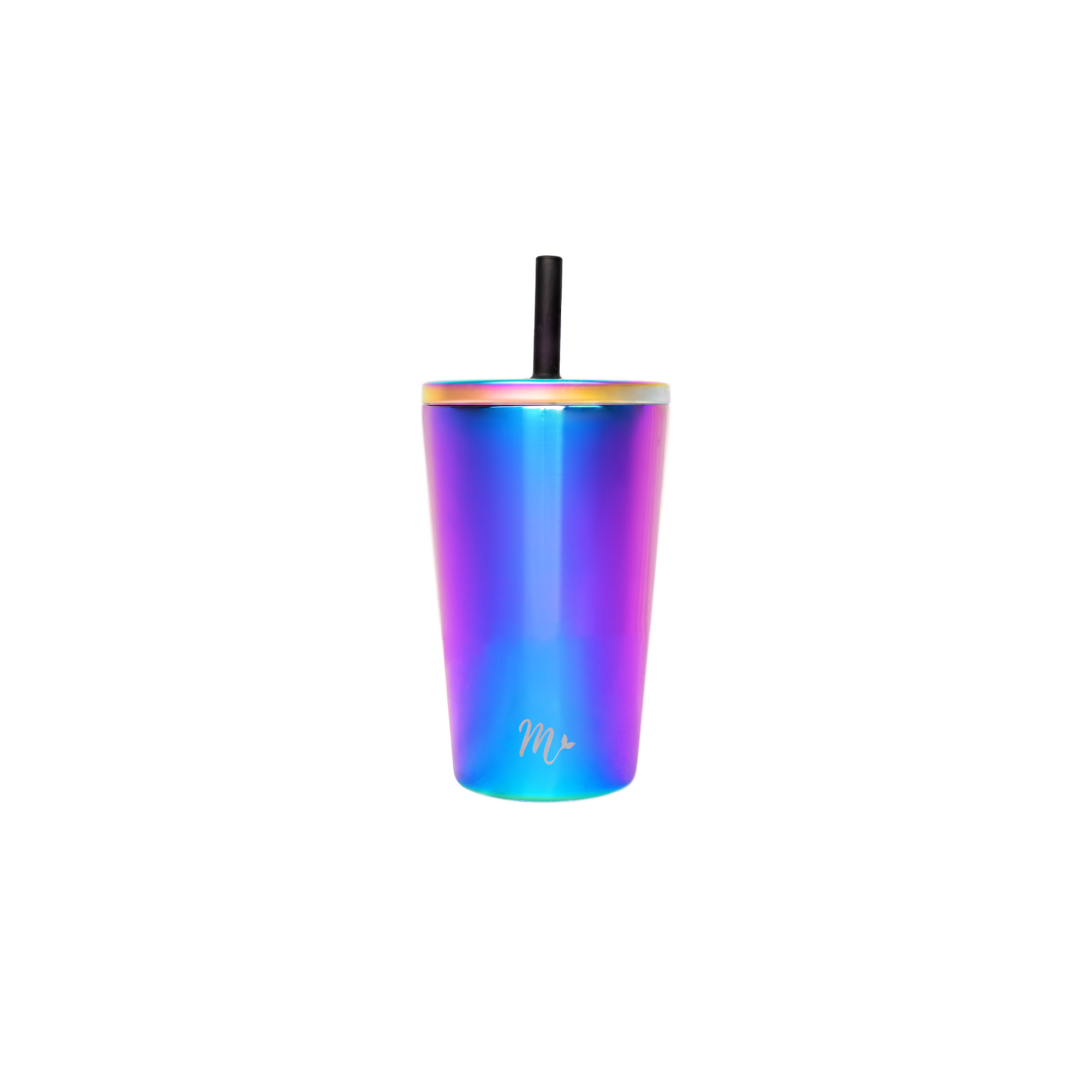 14 oz stainless steel cup with an iridescent rainbow design and black straw, against a plain white background.