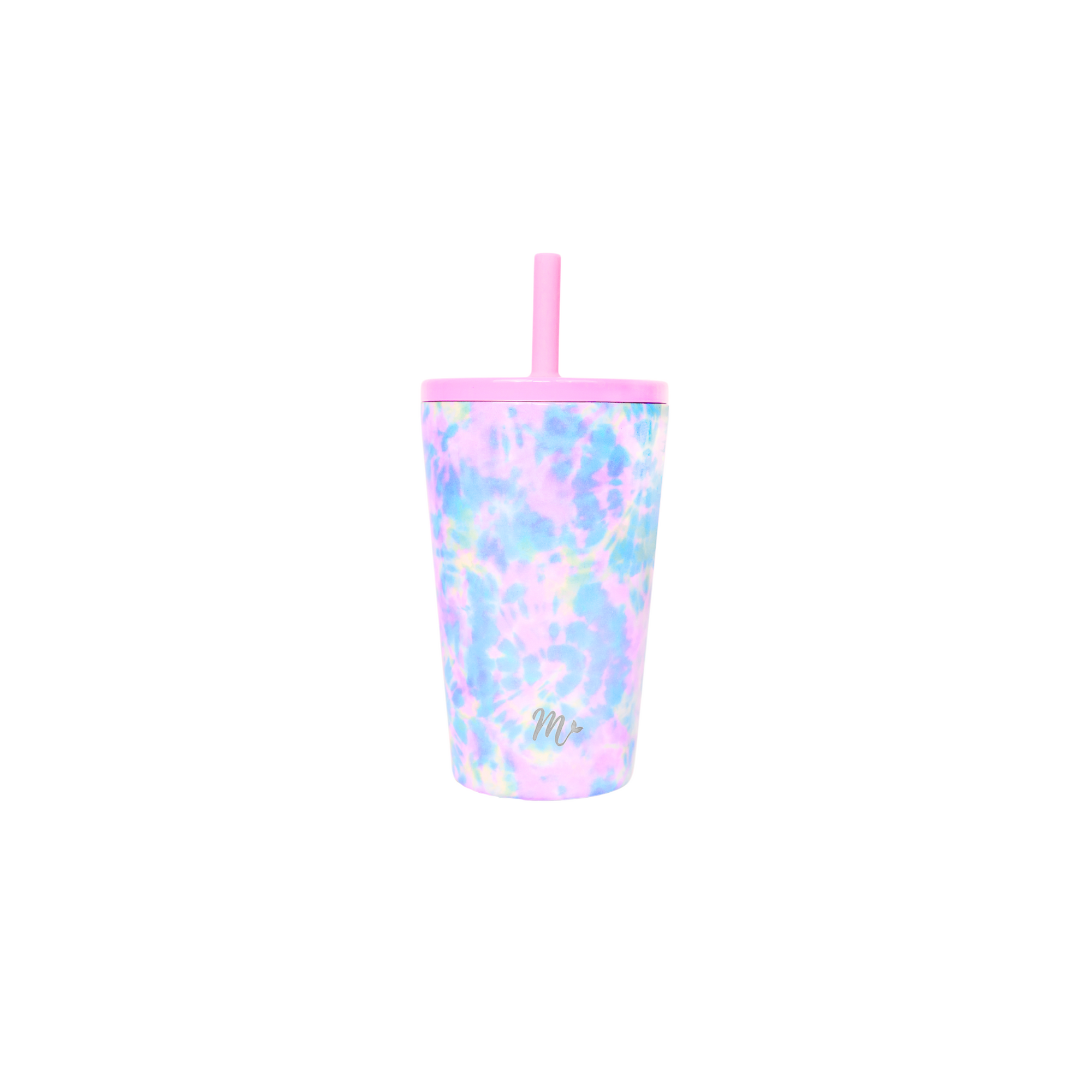 14 oz stainless steel cup with a pastel tie-dye design in pink, blue, and purple tones, with a pink straw, against a plain white background.