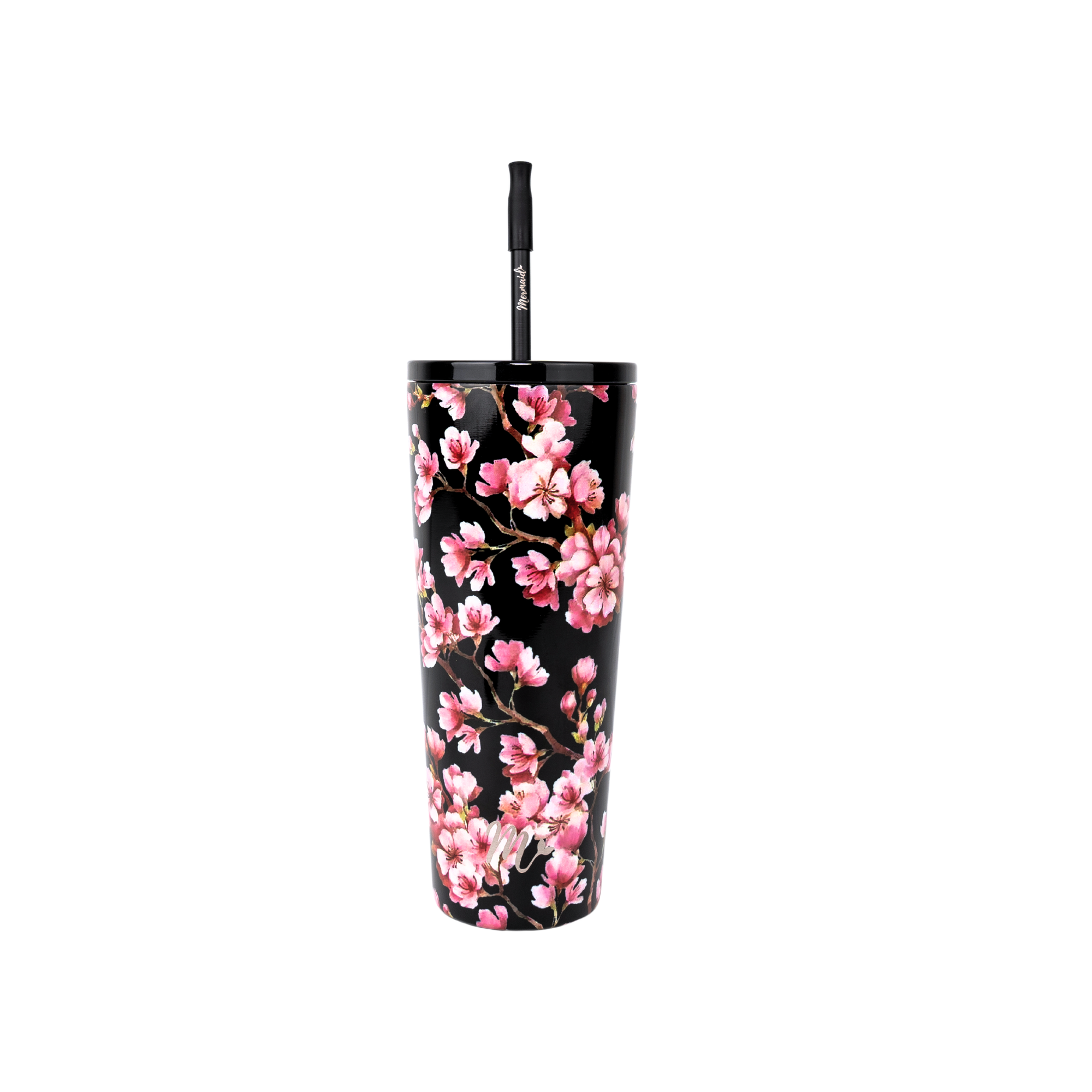 "Black 22oz tumbler with vibrant cherry blossom design, featuring pink flowers on dark branches, includes a black straw."