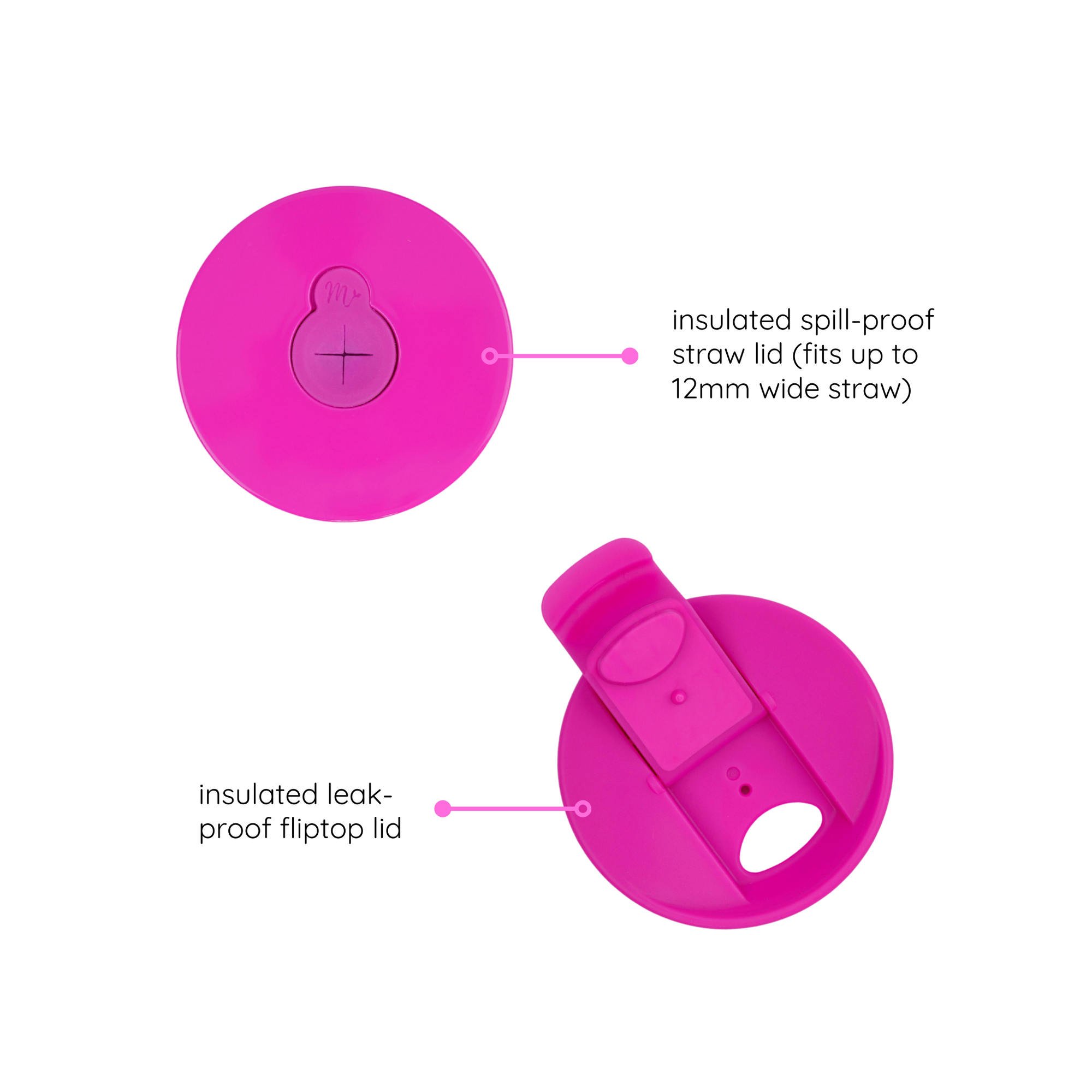 pink insulated spill-proof straw lid and insulated leak-proof fliptop lid