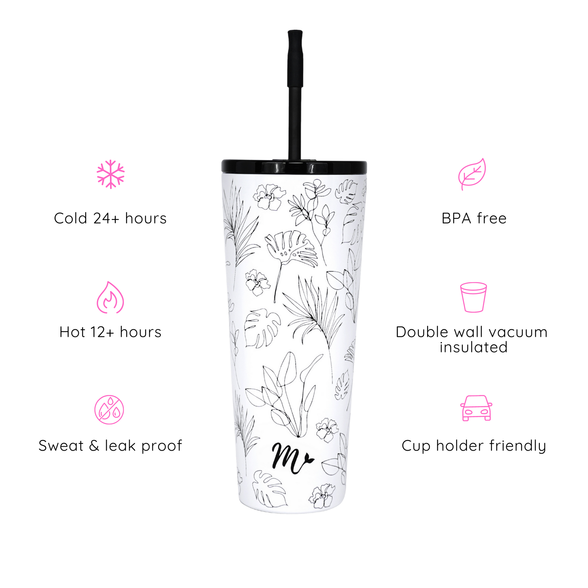 floral tumbler, cute neutral cup, black and white tumbler, travel mug, straw included, keeps drinks cold