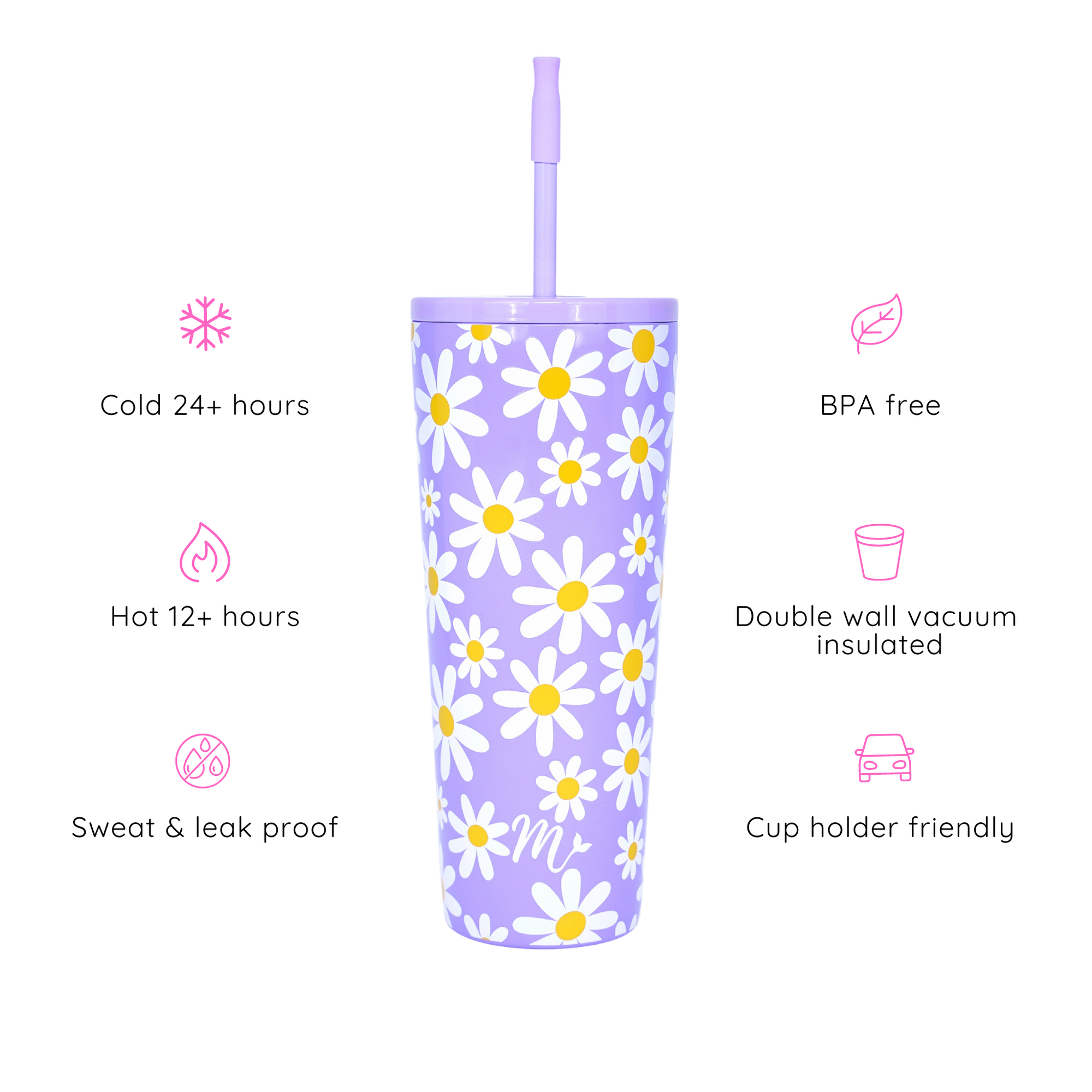 pastel tumbler, cute flower tumbler, leakproof tumbler, keeps cups cold, straw included