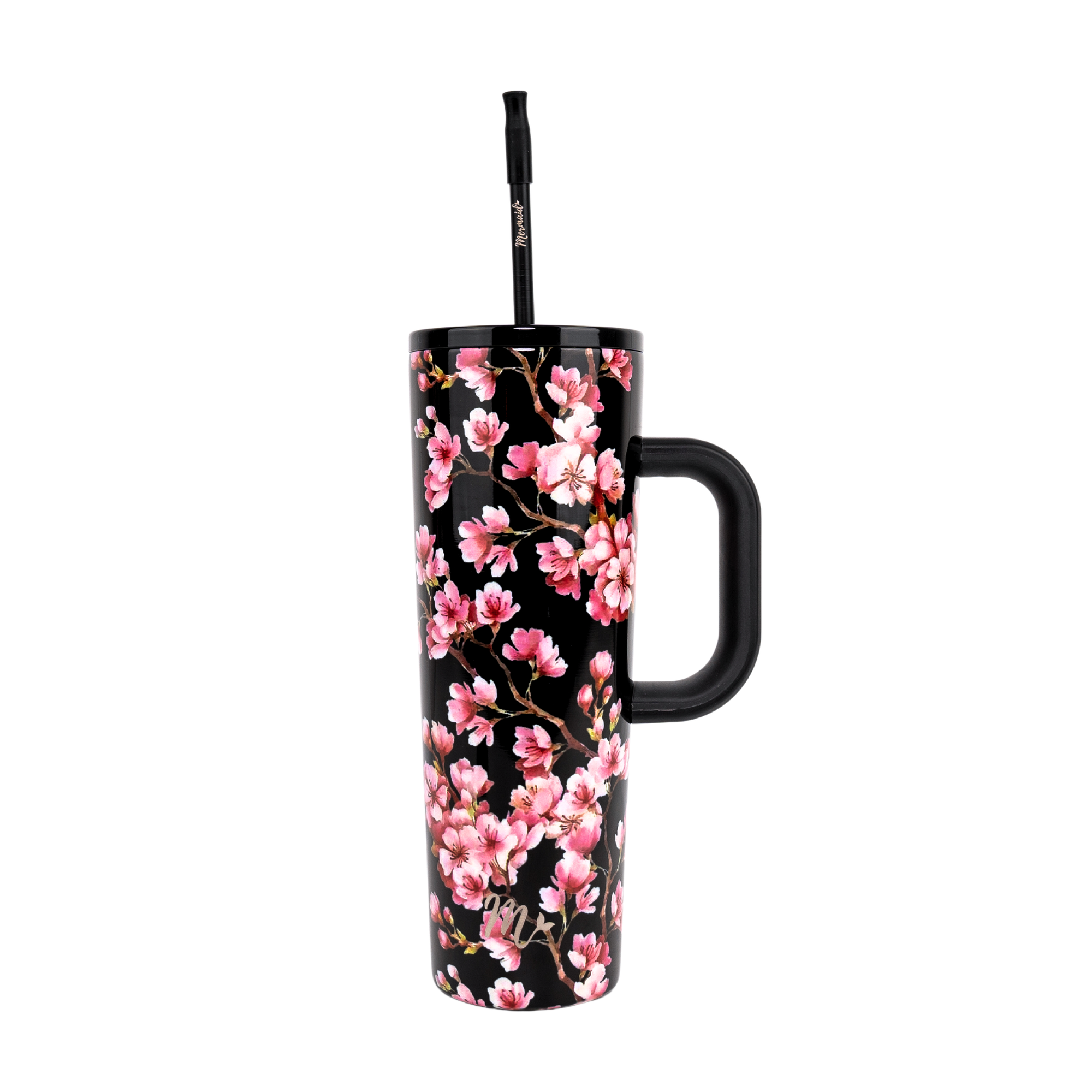 Black 30oz tumbler with a pink cherry blossom design, featuring a black handle and a matching black straw with a silicone tip