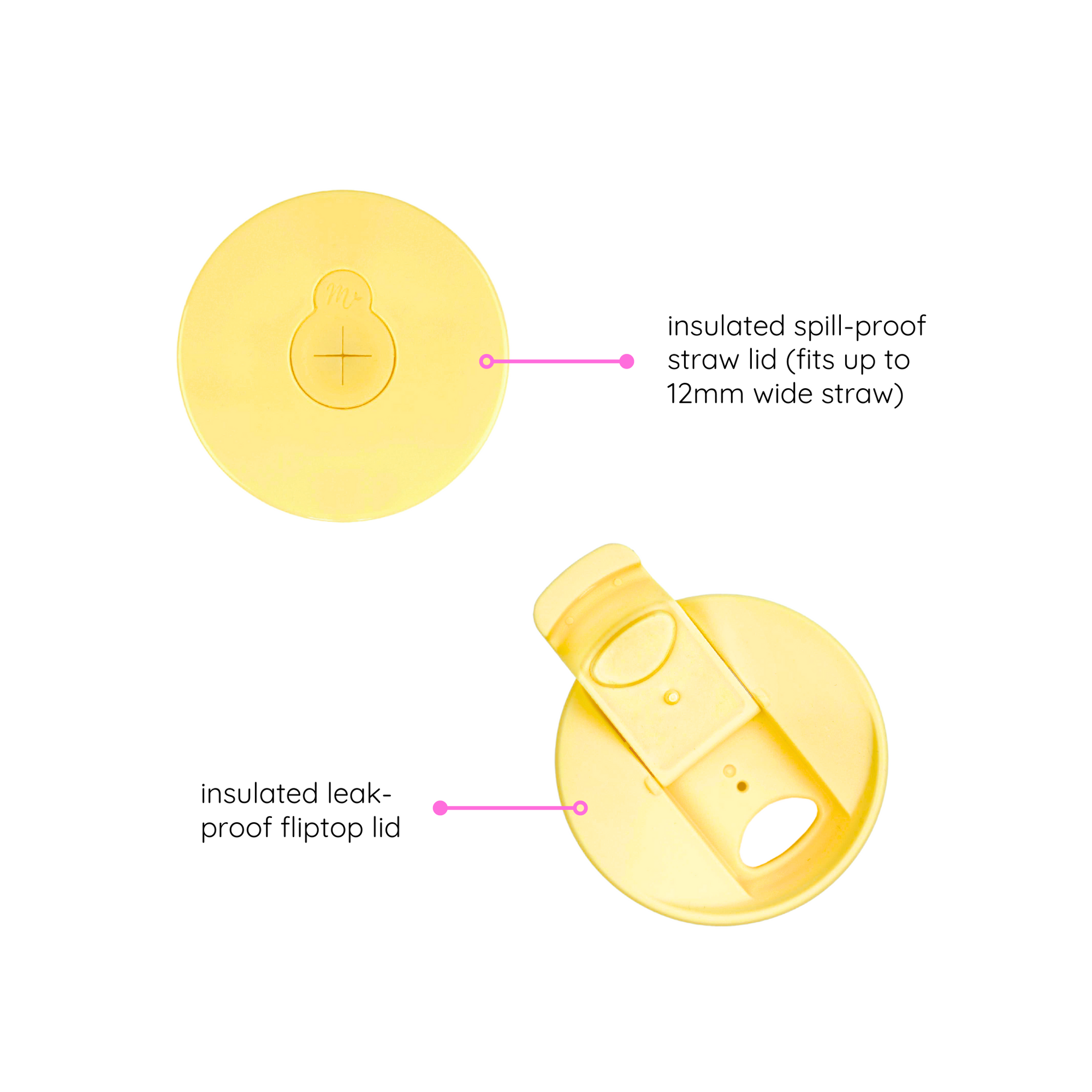 Close-up of two yellow lids for the 30oz ditzy floral tumbler: an insulated spill-proof straw lid that fits up to 12mm wide straw, and an insulated leak-proof fliptop lid. These lids provide versatile, secure options for keeping beverages contained and maintaining temperature.