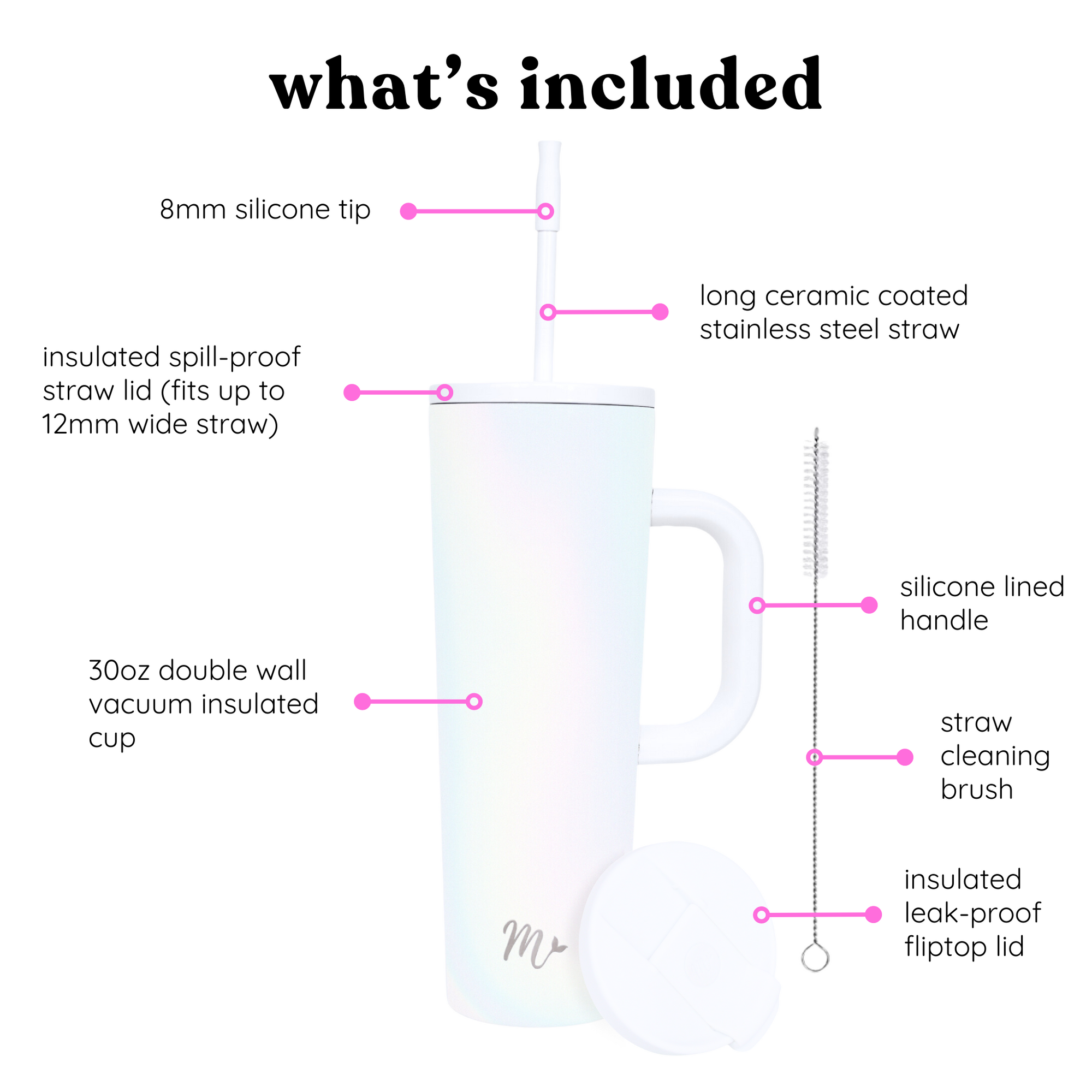 "What's Included with the 30 oz Pearl Tumbler - Features labeled include an 8mm silicone tip, long ceramic-coated stainless steel straw, insulated spill-proof straw lid, silicone-lined handle, 30 oz double wall vacuum insulated cup, straw cleaning brush, and an insulated leak-proof fliptop lid. Perfect for maintaining drink temperature and convenience on the go."

