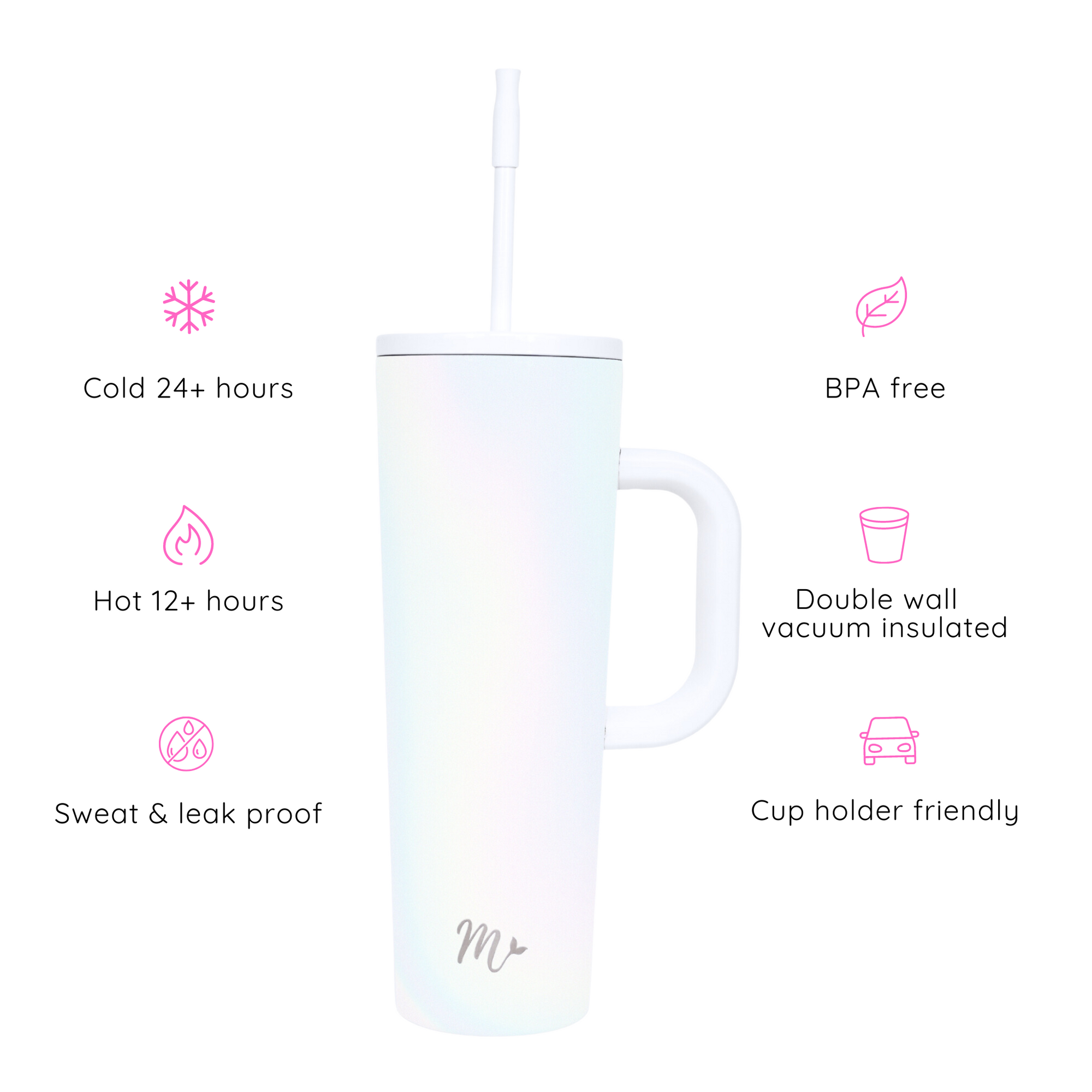 30 oz Pearl Tumbler with Handle - Key Features. The image highlights the benefits of the tumbler, including keeping drinks cold for 24+ hours, hot for 12+ hours, being sweat and leak proof, BPA-free, double-wall vacuum insulated, and cup holder friendly. Perfect for on-the-go hydration with optimal temperature control.