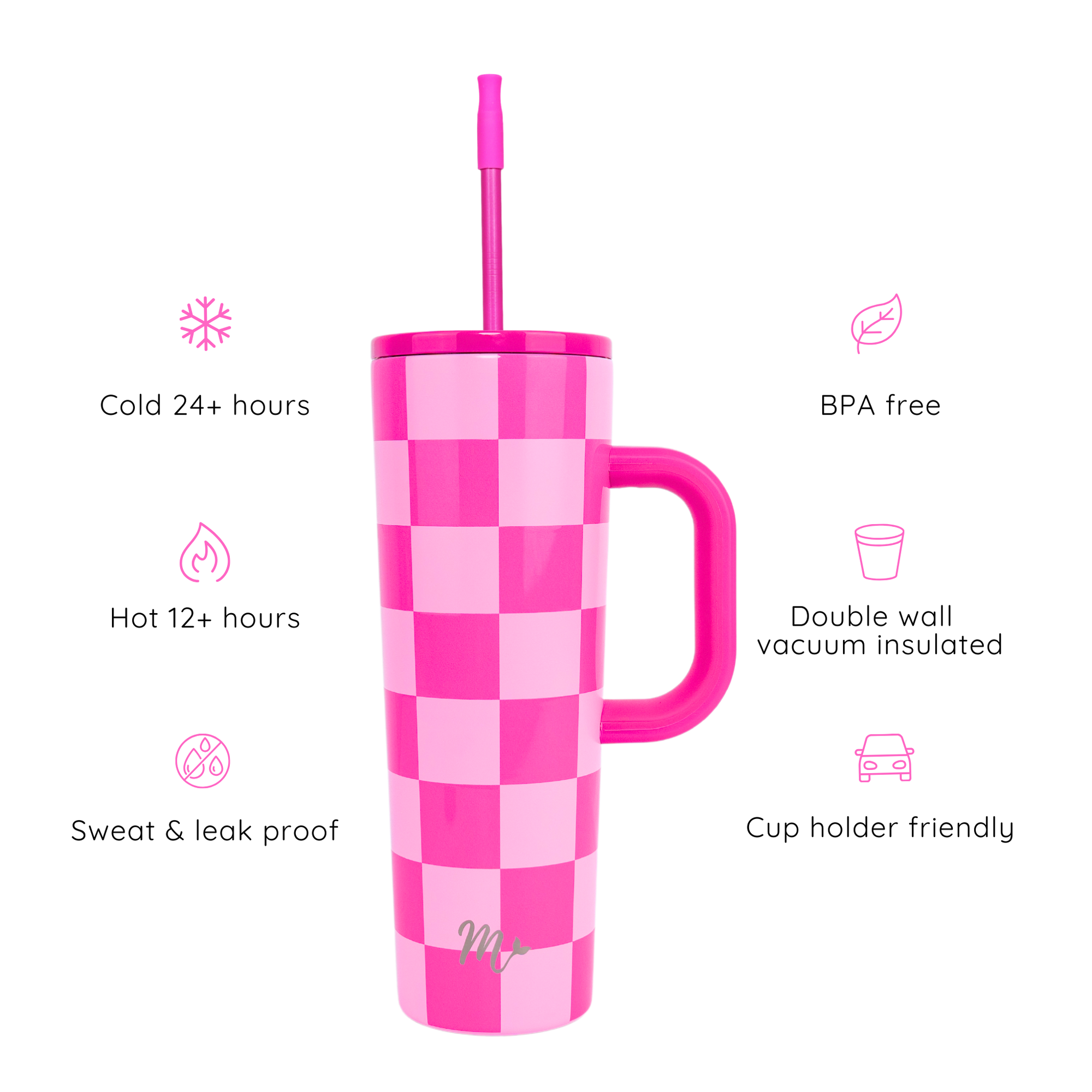 Mermaid Straw 30oz cup with a pink checkered design, pink handle, pink straw and pink silicone tip. Labeled as staying cold for 24 hours, hot for 12 hours, sweat & leak prook, BPA free, double wall vacuum insulated and cup holder friendly