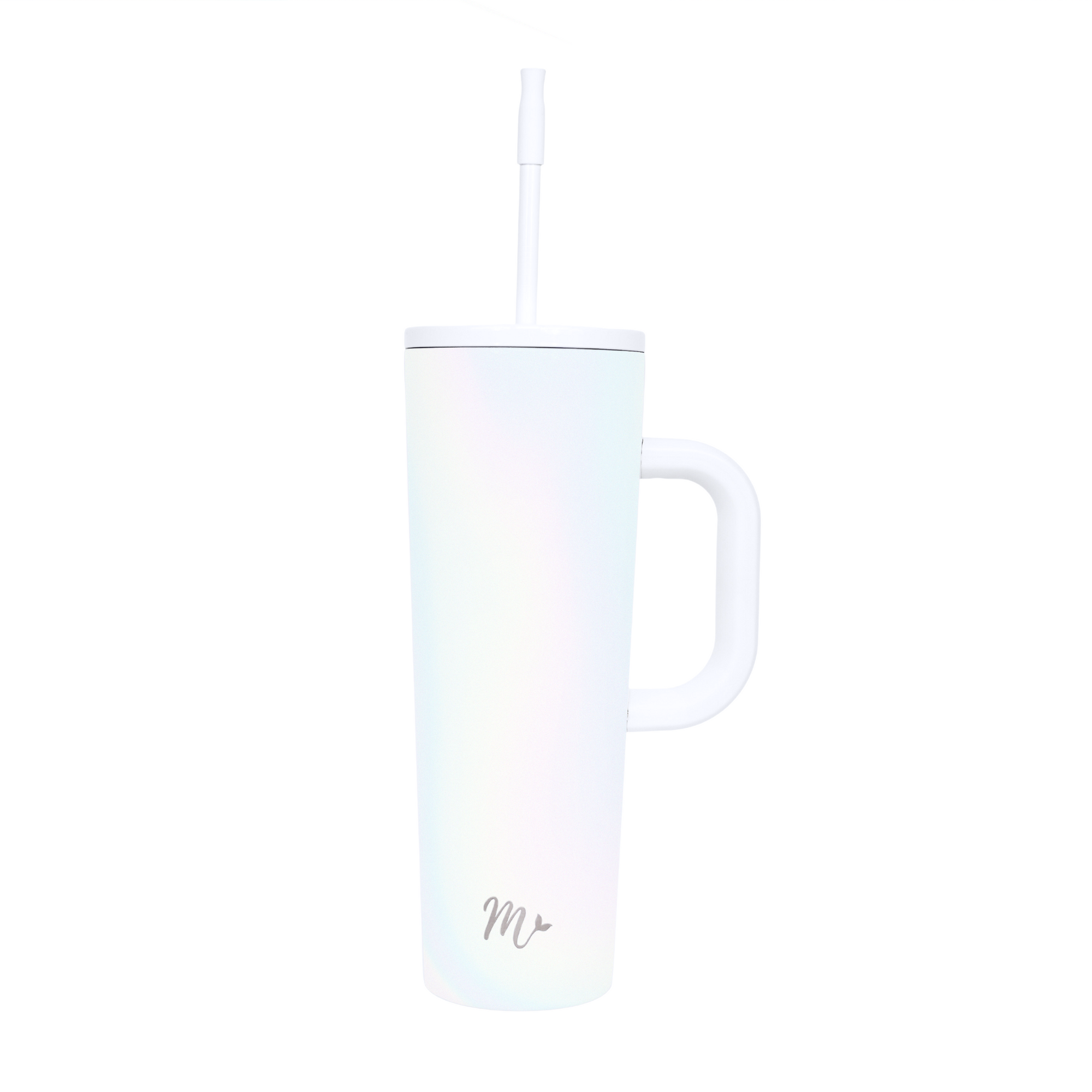 30 oz Pearl Tumbler with Handle and Straw - Sleek, insulated tumbler featuring a soft iridescent pearl finish, ergonomic handle, and reusable straw. Perfect for keeping drinks cold or hot on the go
