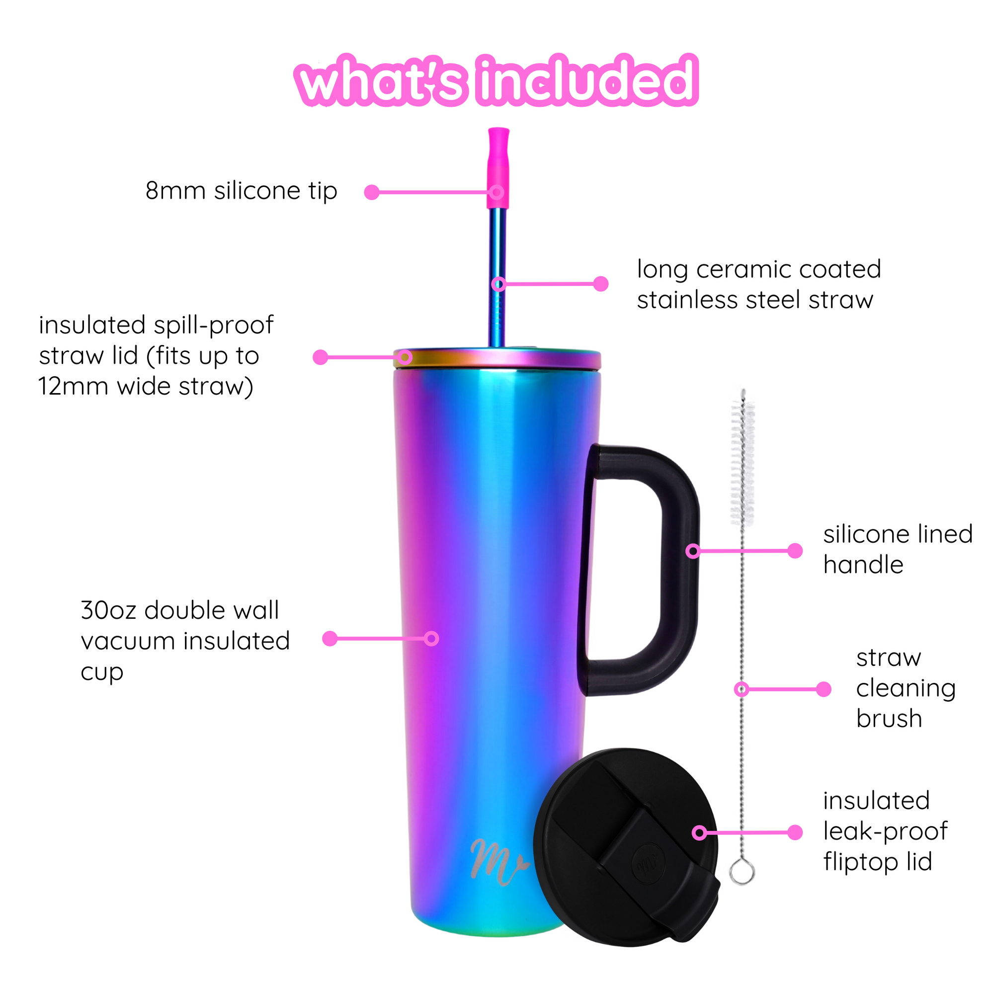 chrome tumbler, iridescent tumbler, tumbler with handle, trendy 30oz cup, leakproof tumbler, cute trendy cup, travel mug, straw included, keeps drinks cold, aesthetic cup