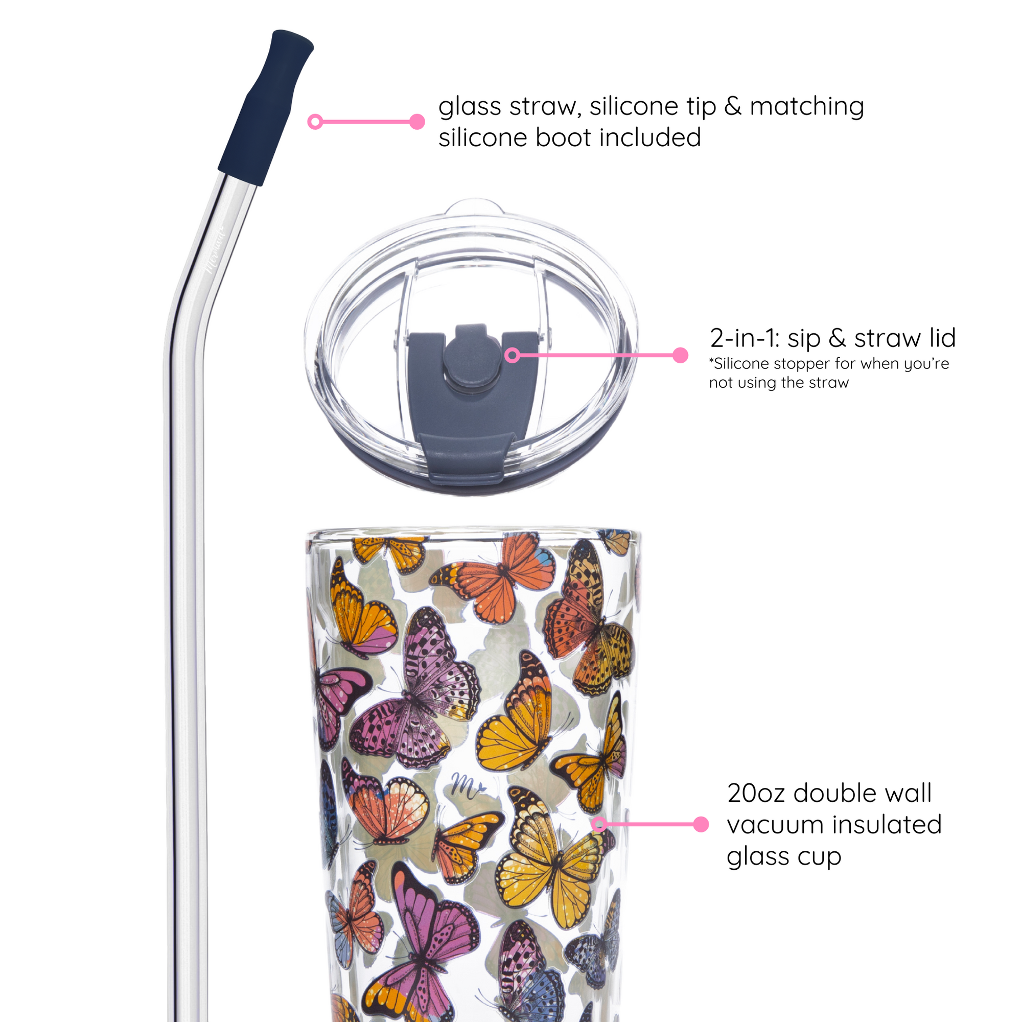 Close-up of a 20oz double-wall vacuum insulated glass cup with butterfly design, showing the glass straw with silicone tip, 2-in-1 sip and straw lid, and matching silicone boot.