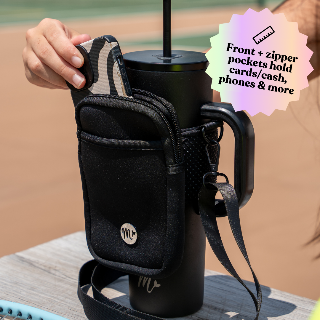 30 oz Black Tumbler with Black Sling - A close-up of the black sling pouch highlights its front and zipper pockets, perfect for storing essentials like phones, cards, and cash. The sleek design offers a convenient, organized way to carry your tumbler and personal items during any activity