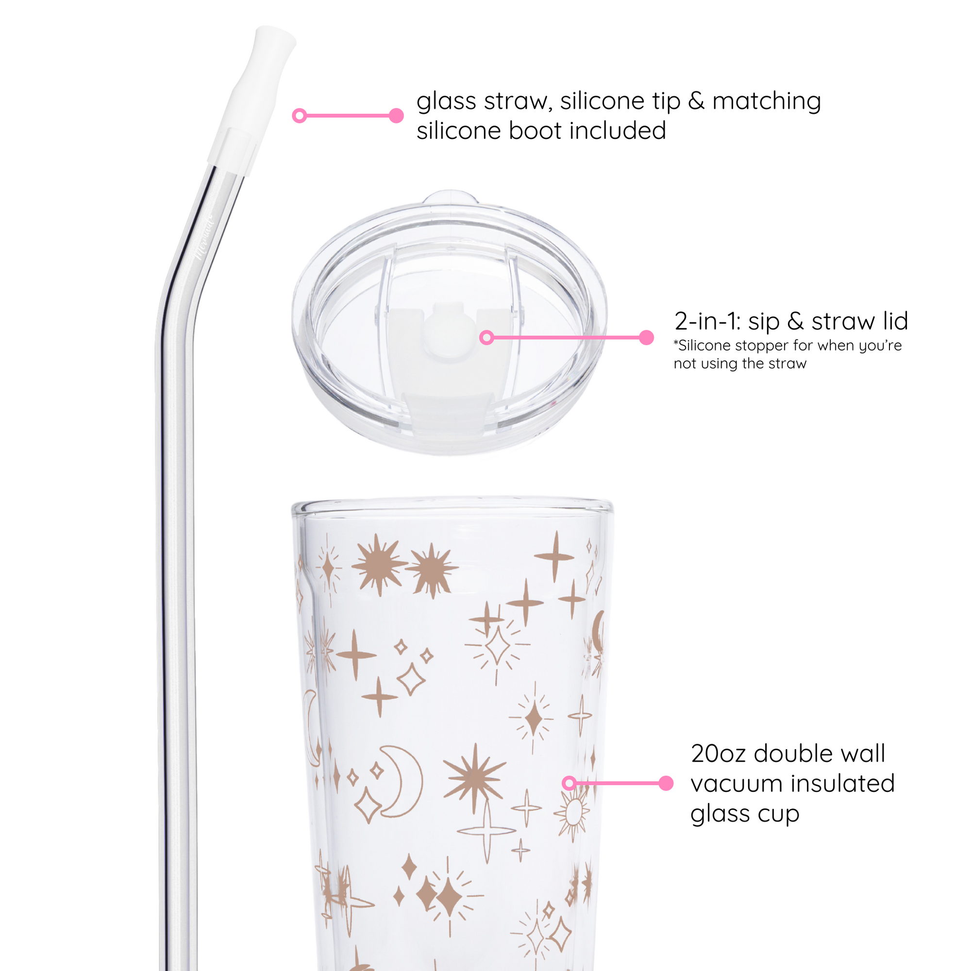 Close-up of a 20oz double-wall vacuum insulated glass cup with celestial design, showing the glass straw with silicone tip, 2-in-1 sip and straw lid, and matching silicone boot.