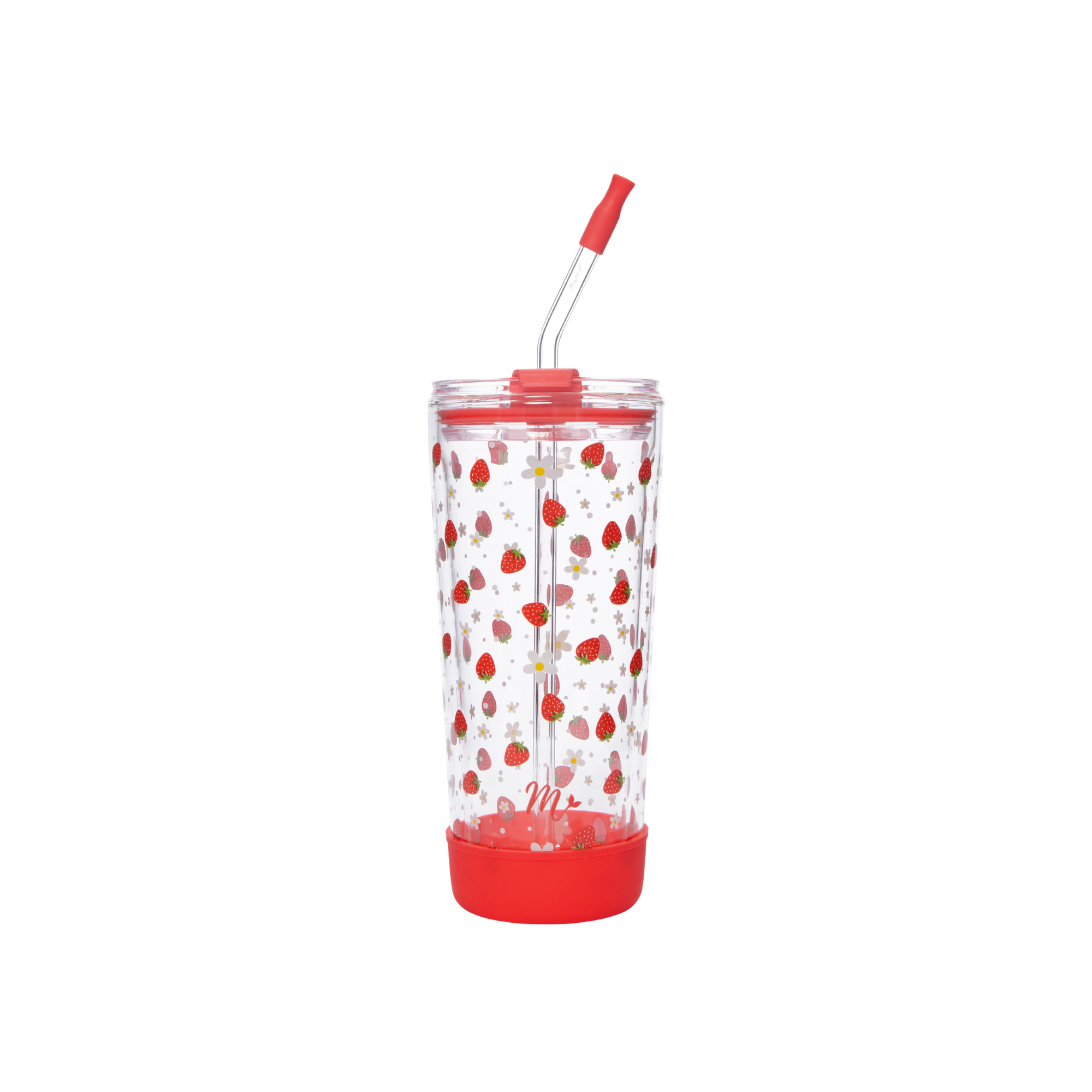 20oz double-wall vacuum insulated glass cup with a vibrant strawberry design and a glass straw with a red silicone tip.