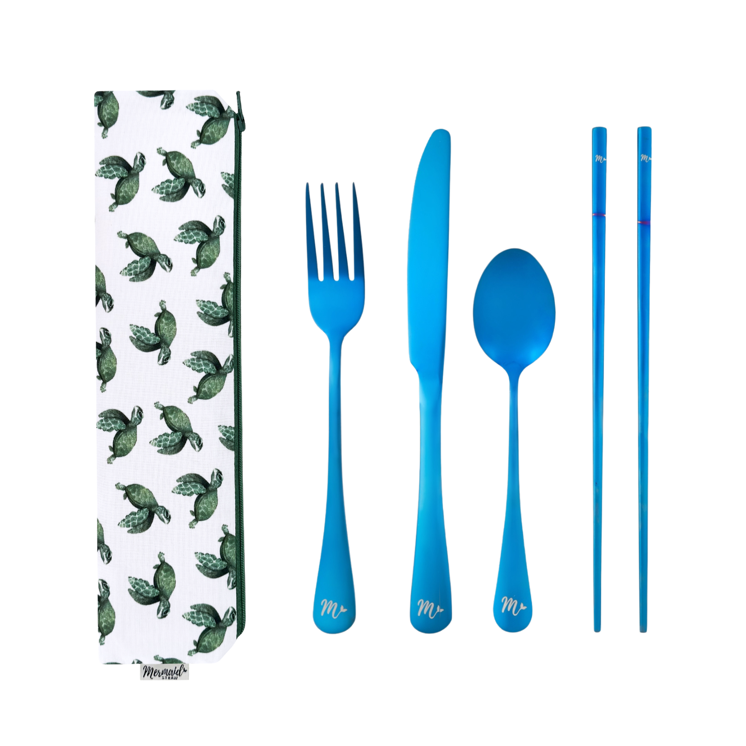 ravel flatware set with a baby sea turtles print pouch, featuring blue cutlery and chopsticks.