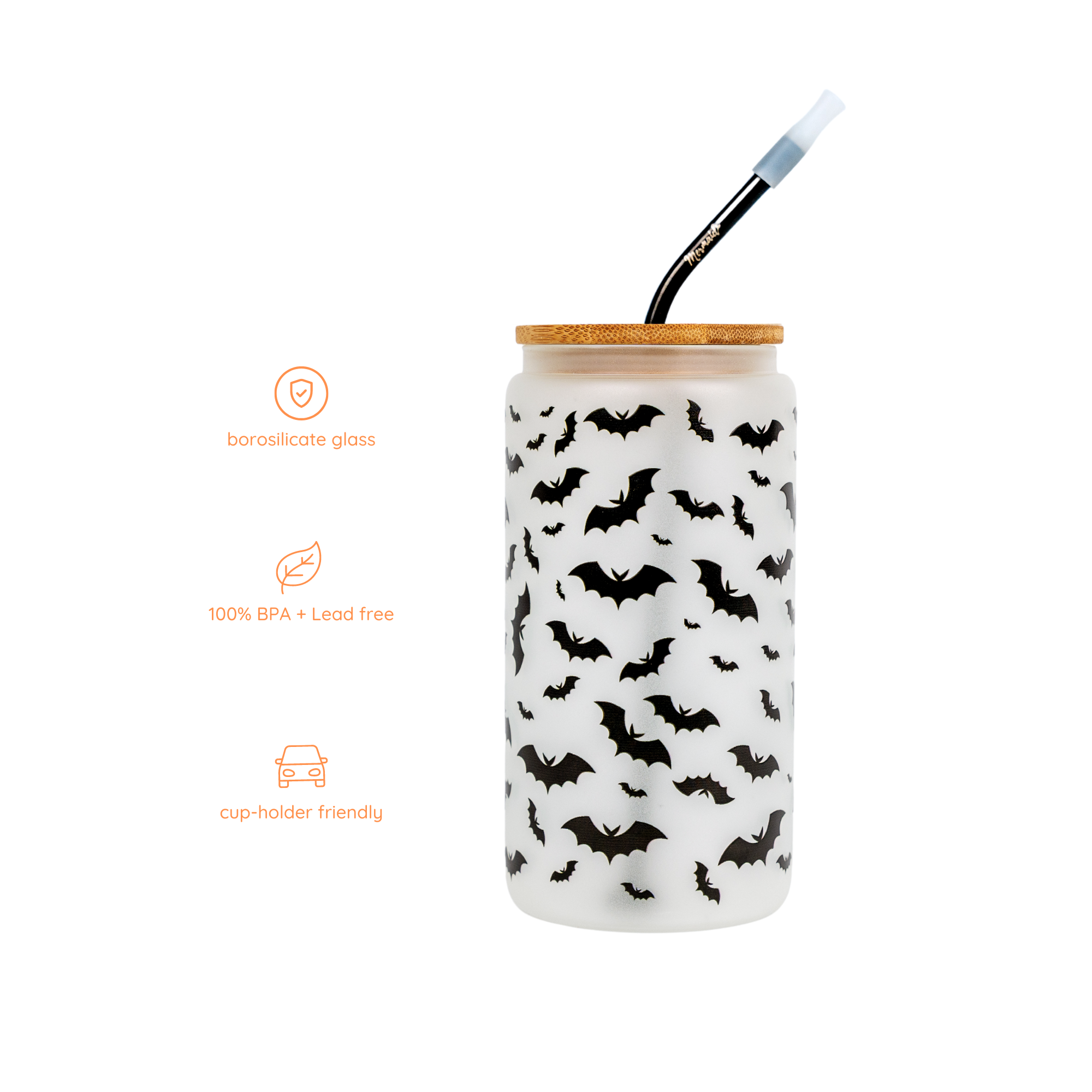 Frosted glass tumbler with black bat patterns, made from borosilicate glass, BPA-free and lead-free, cup-holder friendly.