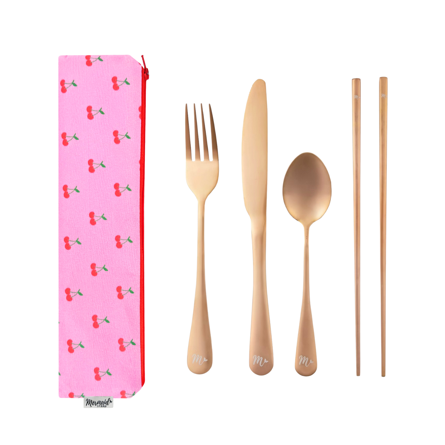 Pink cherry print travel flatware set with gold cutlery and chopsticks, neatly stored in a matching pouch.