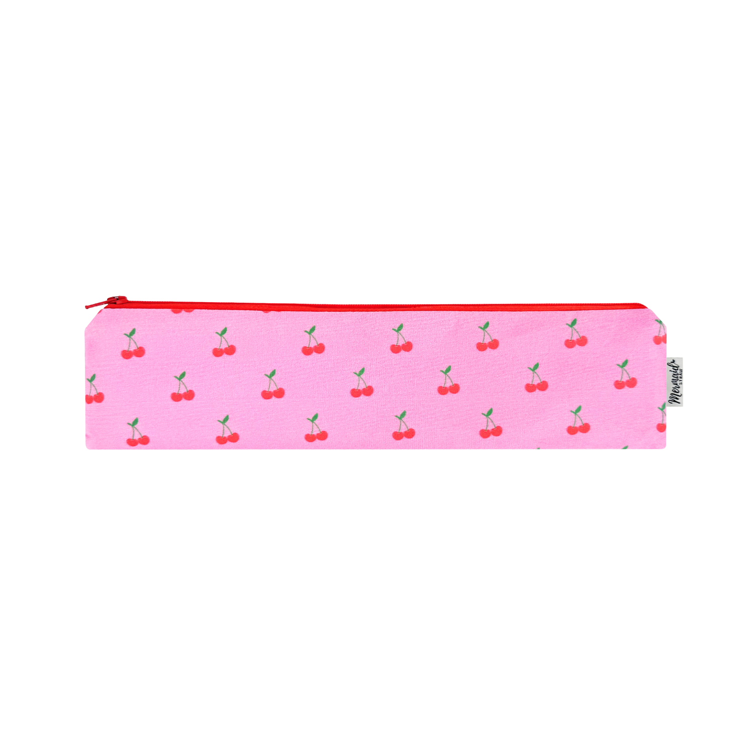 Bright pink zipper pouch with a red cherry pattern, adding a pop of color and sweetness.
