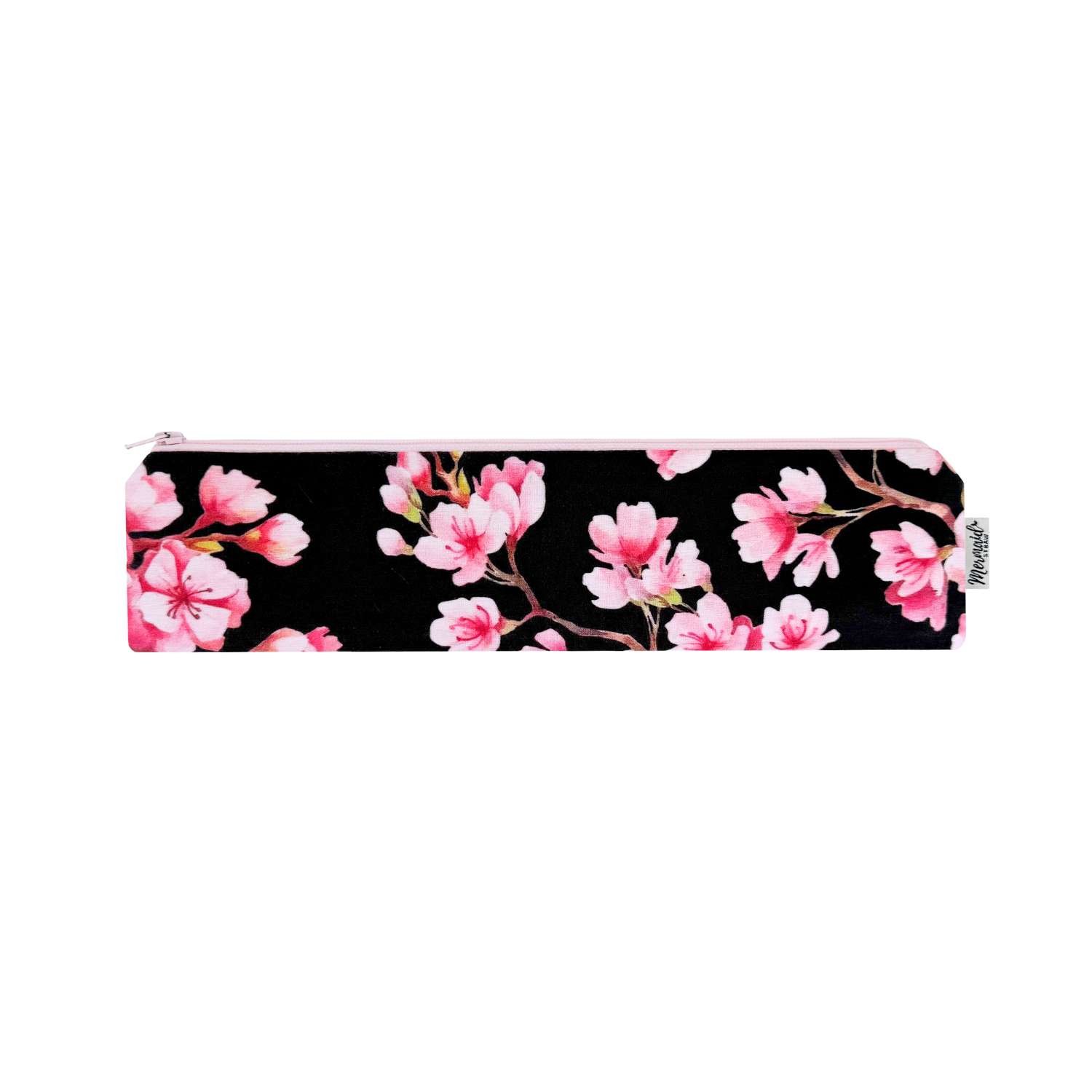 Black zipper pouch featuring delicate pink cherry blossoms for a touch of elegance.