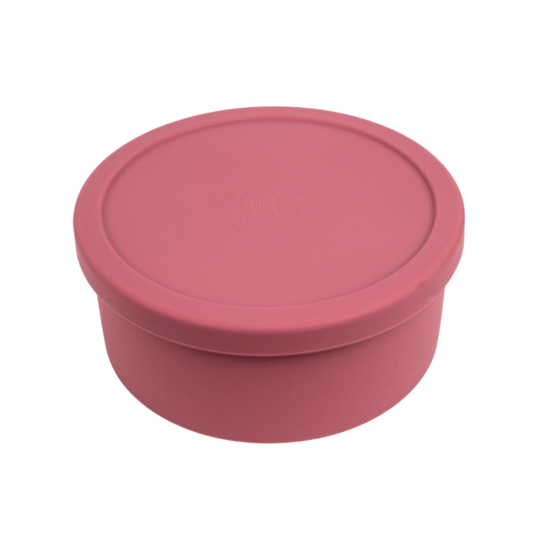 Cranberry bento box with lid removed, showing three interior compartments for easy food organization