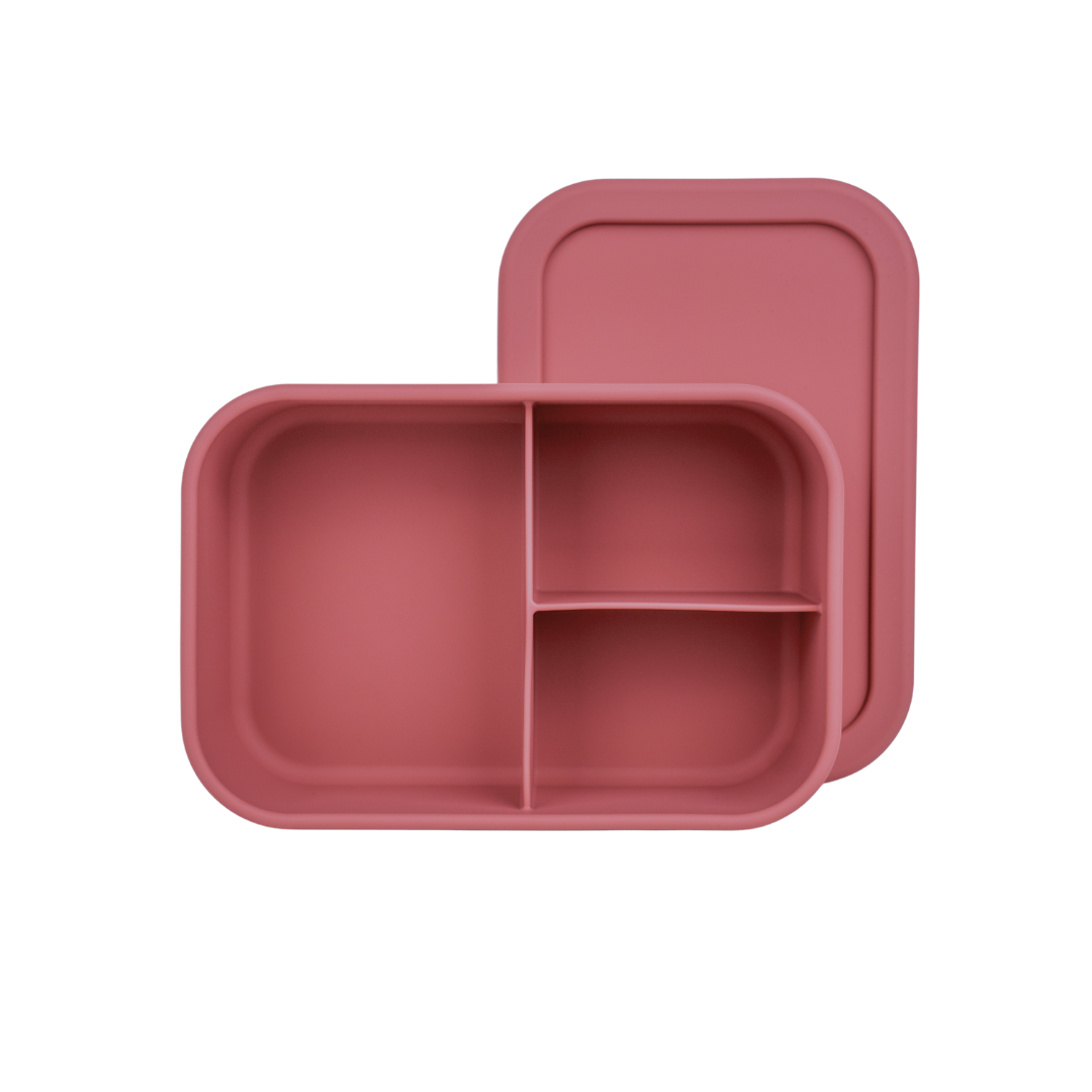 Cranberry bento box with lid removed, showing three interior compartments for easy food organization