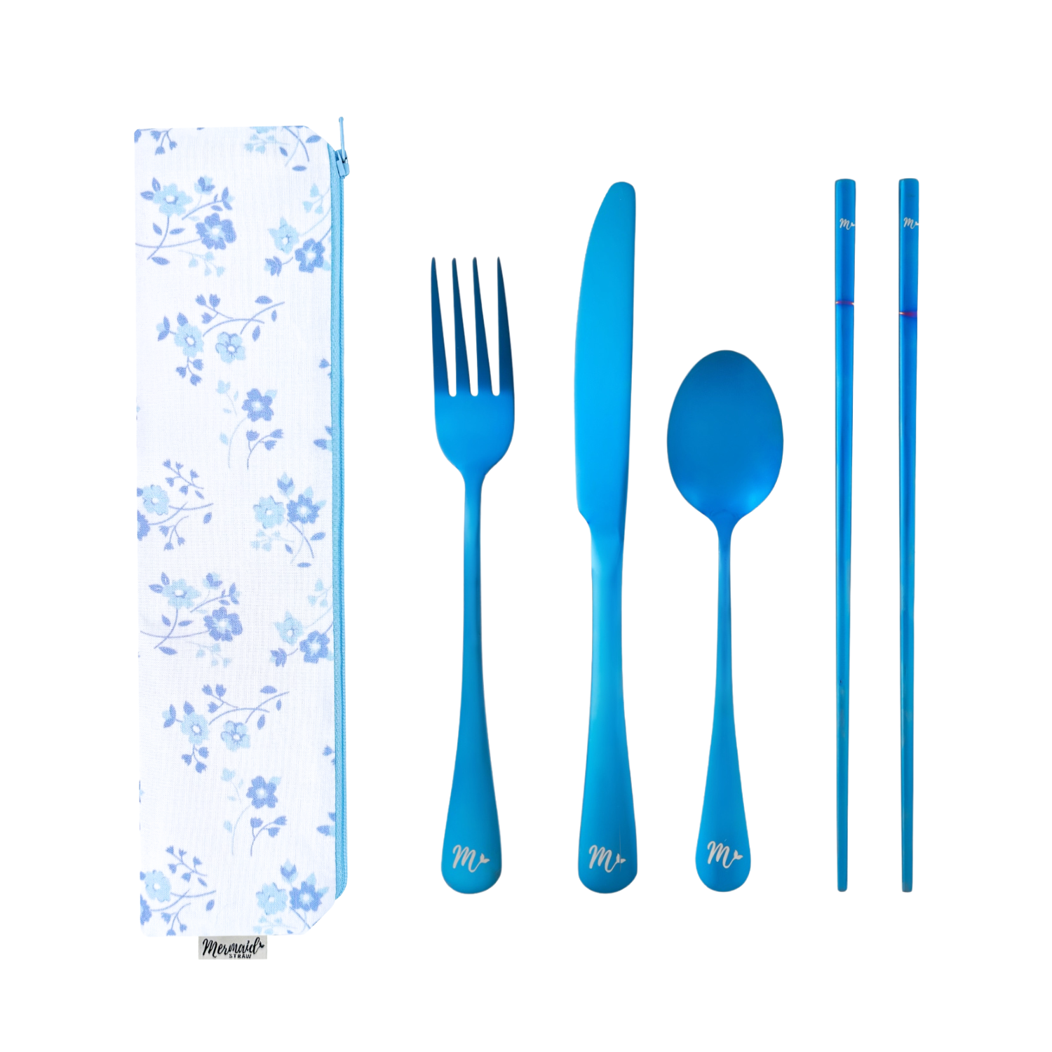 Delicate forget-me-not travel flatware set with blue cutlery and chopsticks in a matching floral pouch.