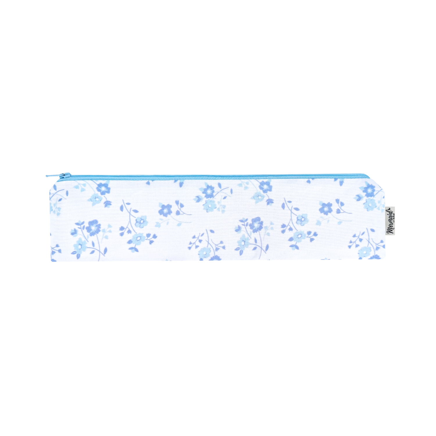 White zipper pouch with a delicate blue forget-me-not floral pattern, subtle and charming.