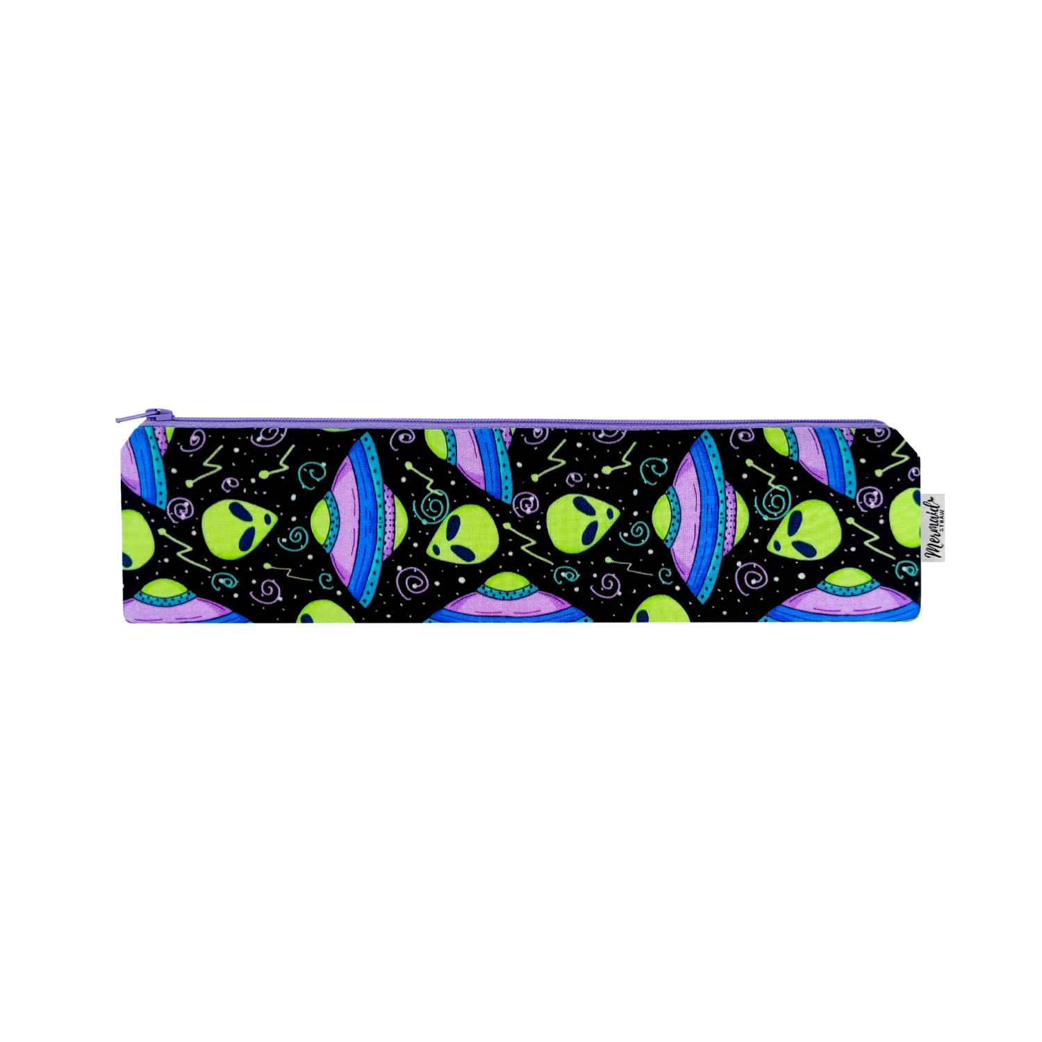 Black zipper pouch with a fun alien and UFO pattern in vibrant neon colors.