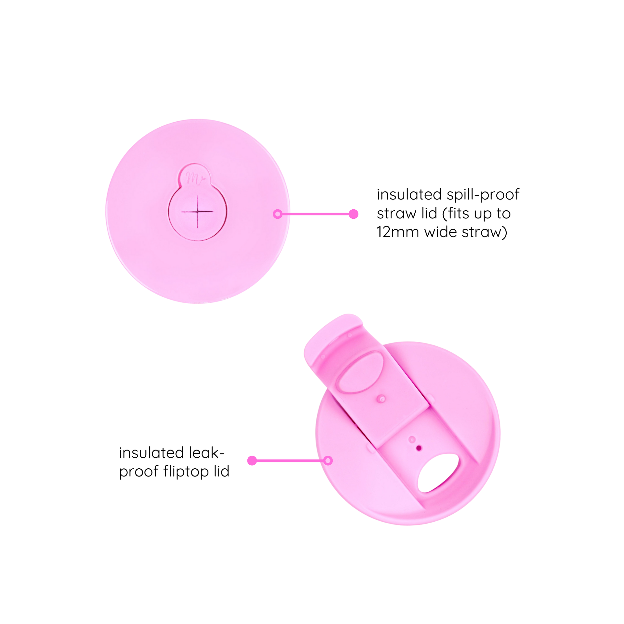 Two pink lids displayed: an insulated spill-proof straw lid (fits up to 12mm wide straw) and an insulated leak-proof flip-top lid, designed for a 30oz tumbler.