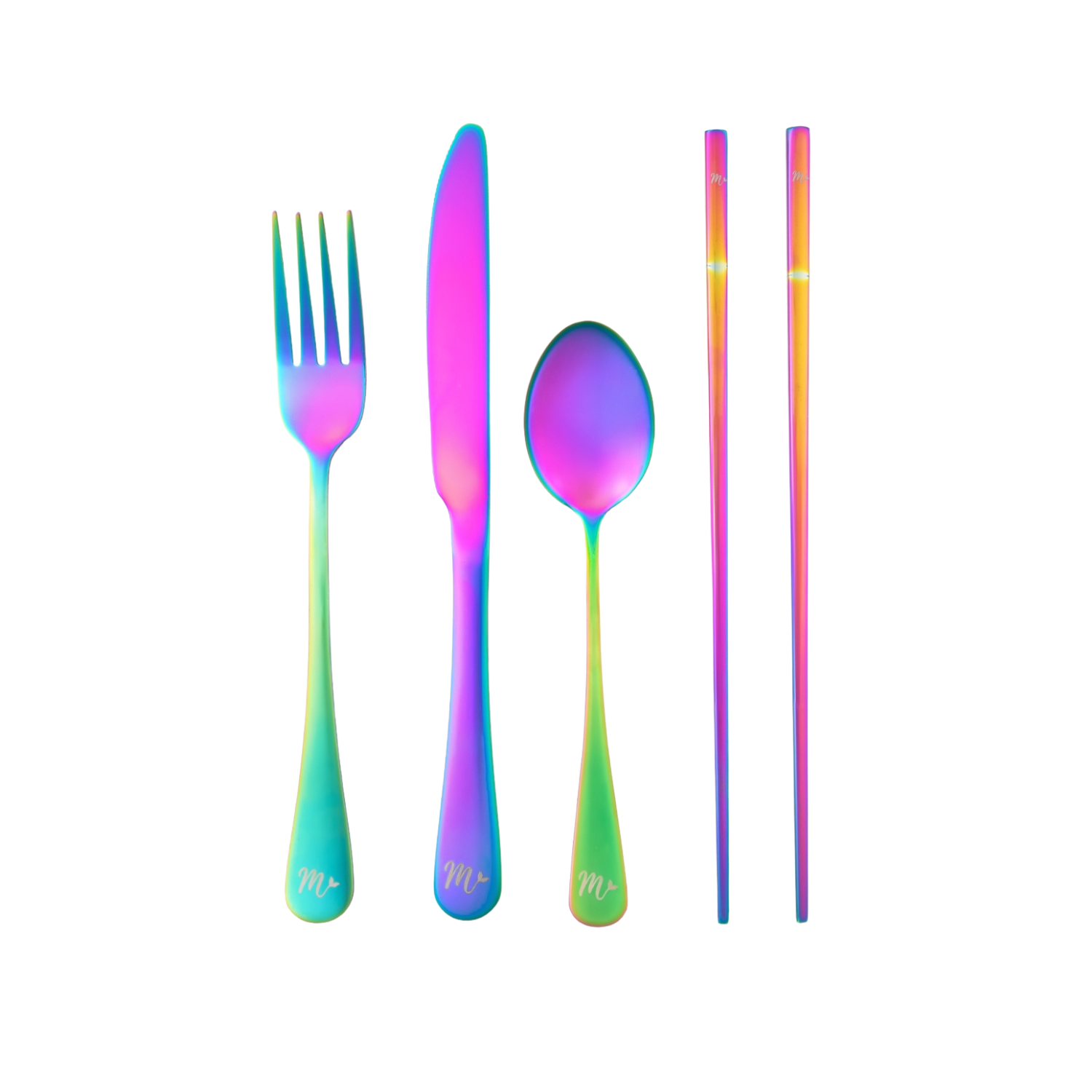 Rainbow-hued iridescent flatware set  including a fork, butter knife, teaspoon and set of chopsticks
