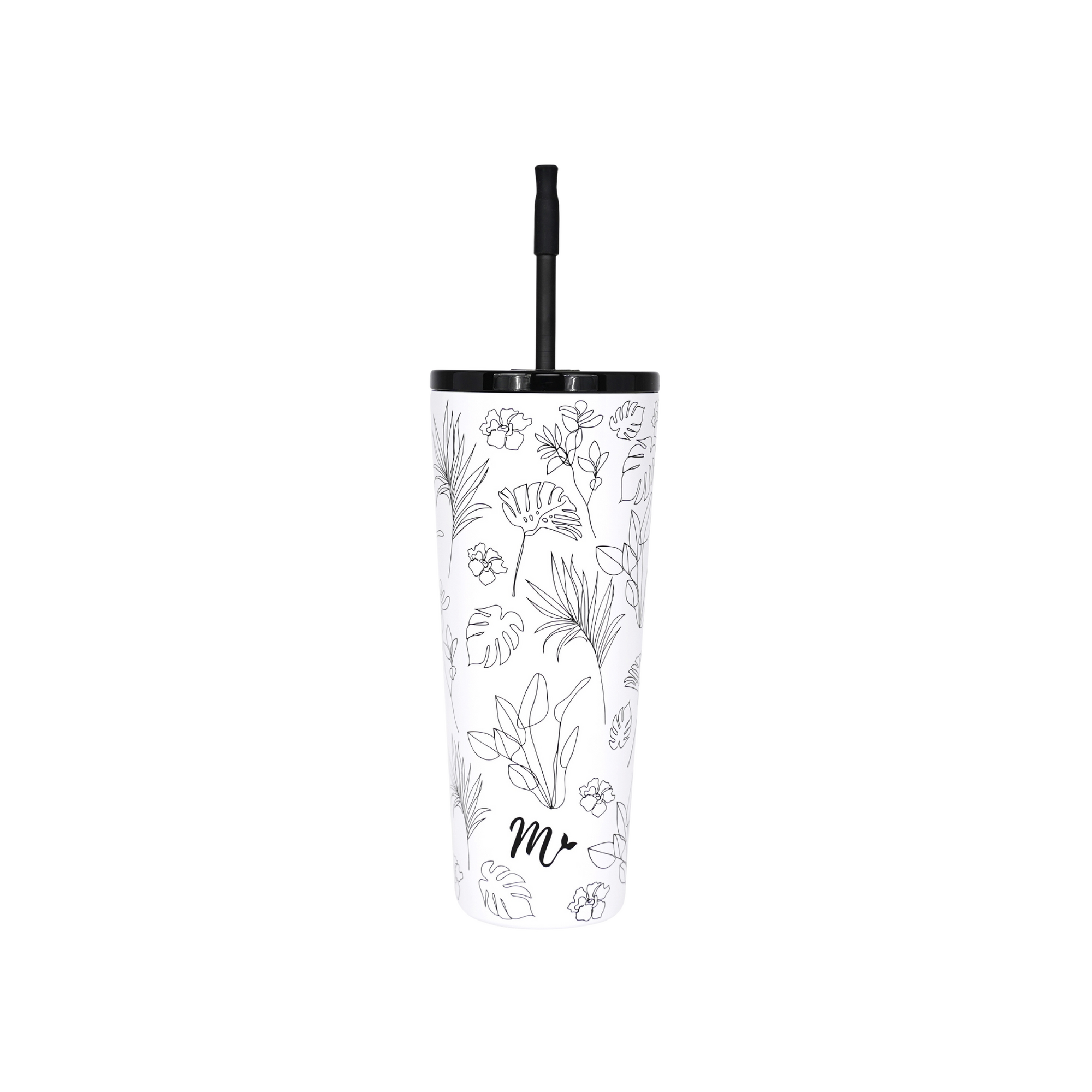 floral tumbler, cute neutral cup, black and white tumbler, travel mug, straw included, keeps drinks cold