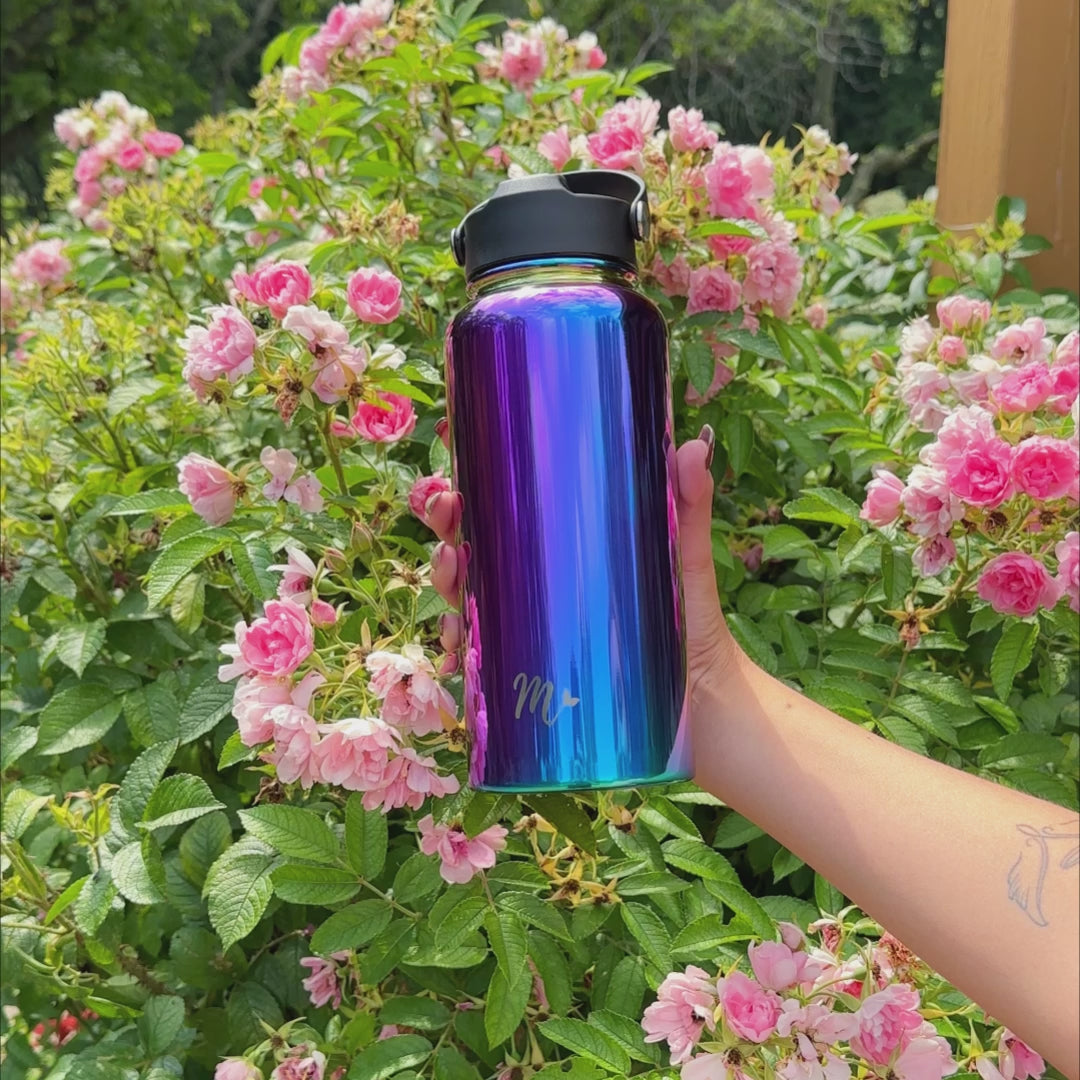 chrome water bottle, iridescent water bottle, water flask, travel bottle, keeps drinks cold, aesthetic water bottle, straw bottle