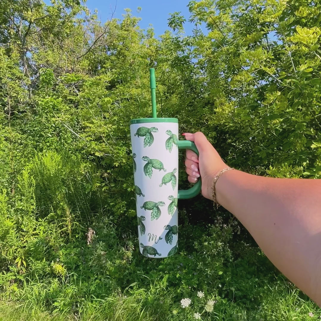 tumbler with handle, turtle tumbler, save the turtles tumbler, trendy 30oz cup, leakproof tumbler, cute trendy cup, travel mug, straw included, keeps drinks cold, aesthetic cup