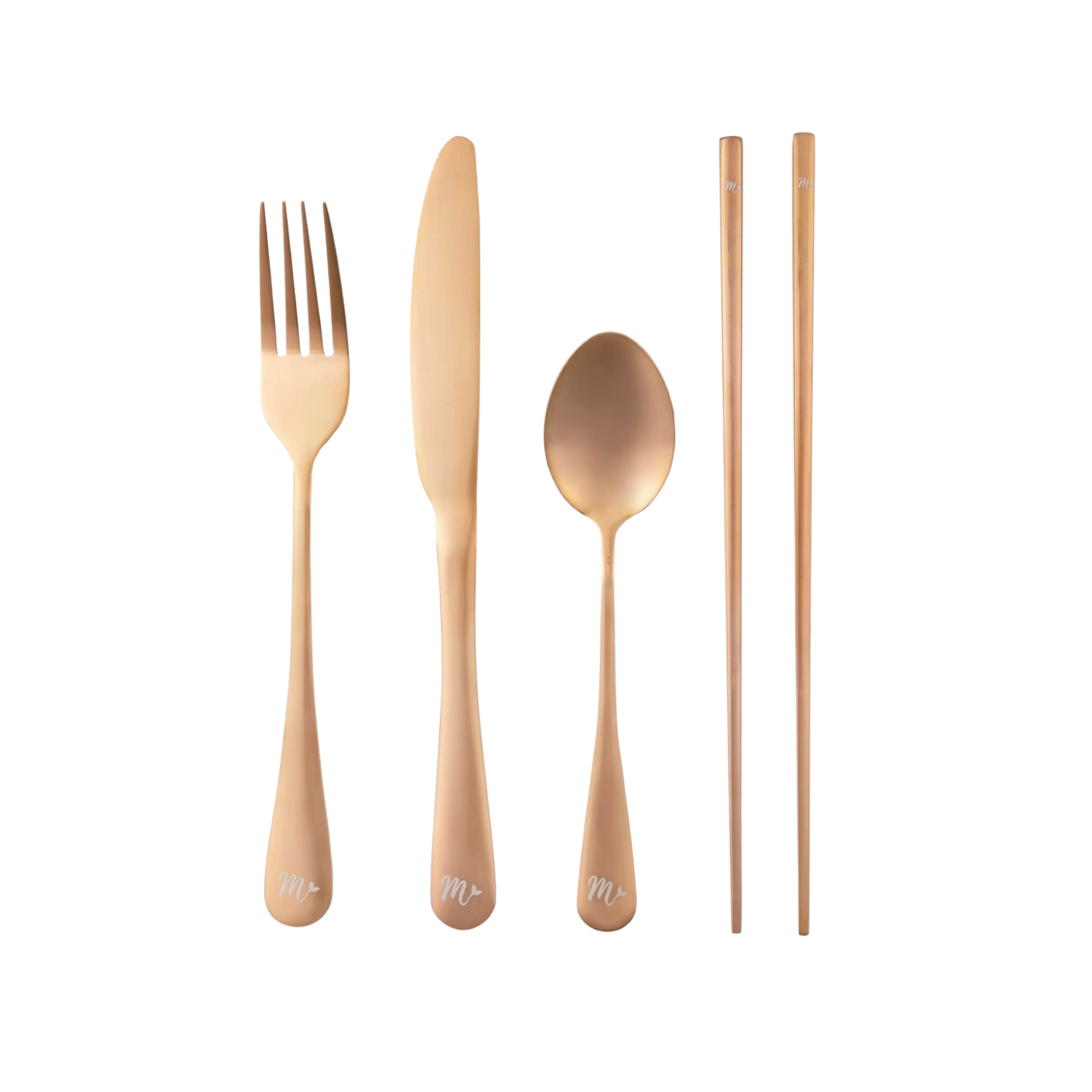 Elegant rose gold flatware set that includes a fork, teaspoon, butter knife and set of chopsticks, perfect for a refined dining setup.