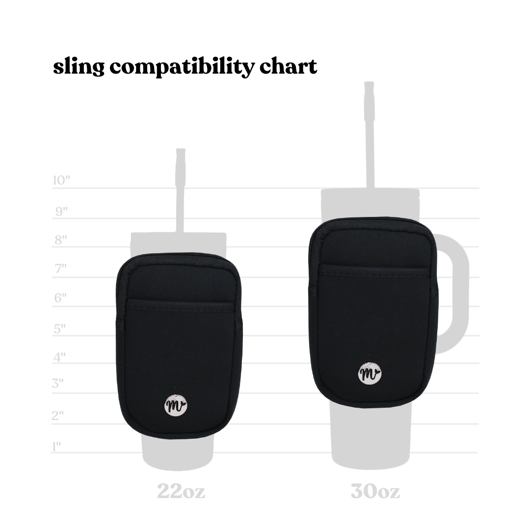 Sling Compatibility Chart - This chart illustrates the black sling pouch fitting securely on both 22 oz and 30 oz tumblers. The chart emphasizes the sling's versatile and sleek design, making it a functional accessory for different tumbler sizes.