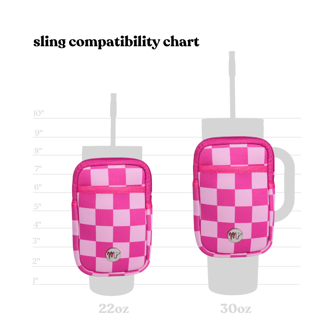 Sling Compatibility Chart - The chart shows the pink checkered sling pouch fitting securely on both 22 oz and 30 oz tumblers. The comparison highlights the versatility and stylish design of the sling, making it an ideal accessory for different tumbler sizes.