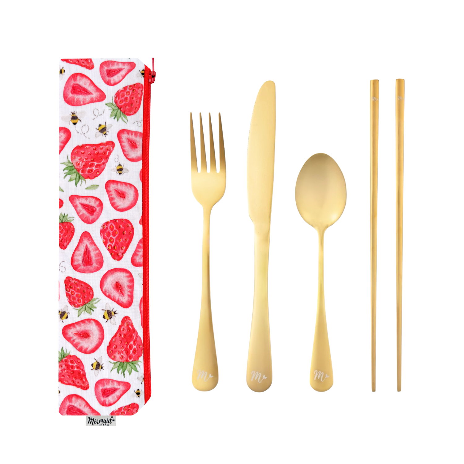 Golden utensils, including fork, knife, spoon and chopsticks, with a pouch covered in strawberries and buzzing bees, perfect for fruity fun on the go.