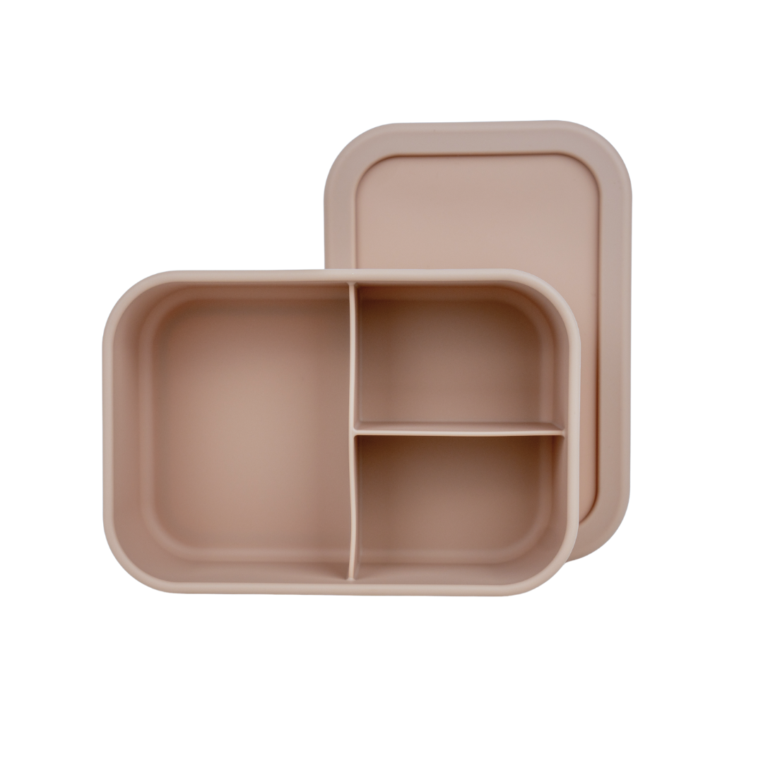 Taupe bento box with lid removed, showing three interior compartments for easy food organization