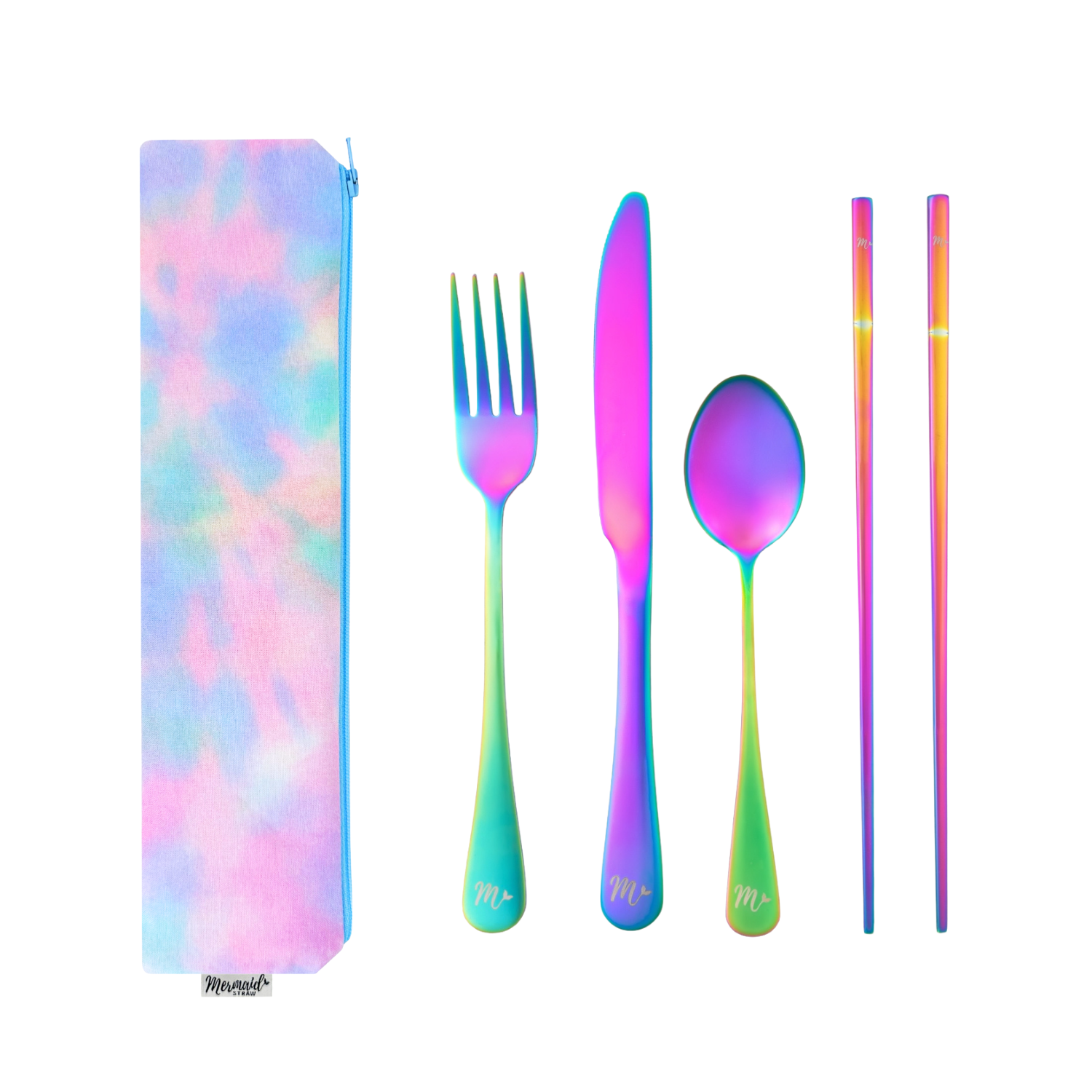  A vibrant flatware set featuring a pastel tie-dye patterned pouch. Comes with reusable rainbow flatware, including a fork, knife, spoon, and chopsticks.