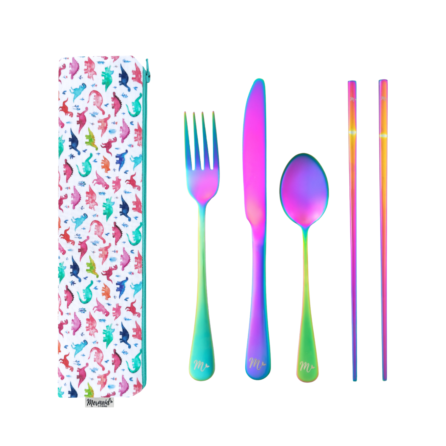 Fun and colorful dinosaur-print pouch with a rainbow-hued reusable flatware set, including a fork, knife, spoon, and chopsticks.